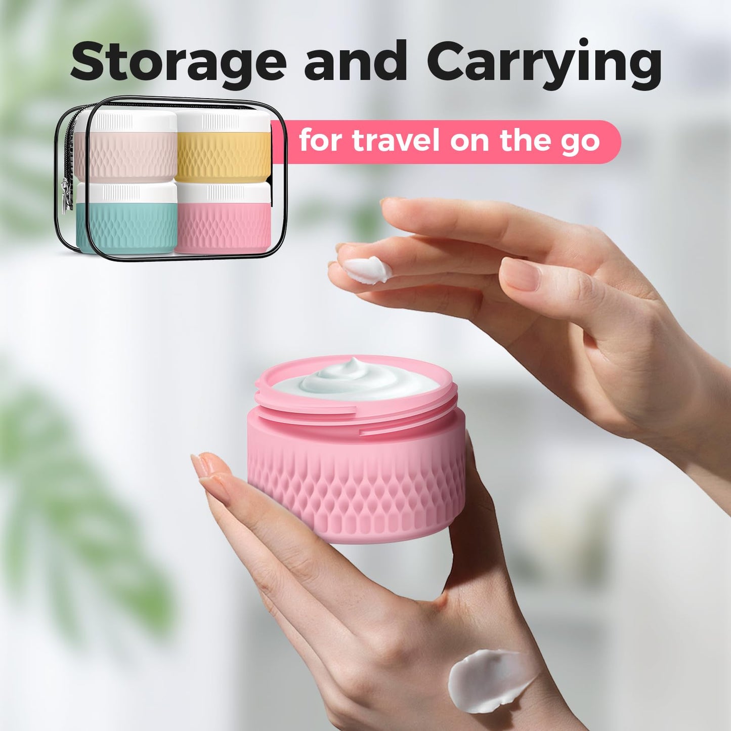 BPA Free Silicone Cream Jars - 2oz TSA Approved Travel Size Containers, Leak-proof with Lid for Cosmetic, Face, Hand, Body Glitters