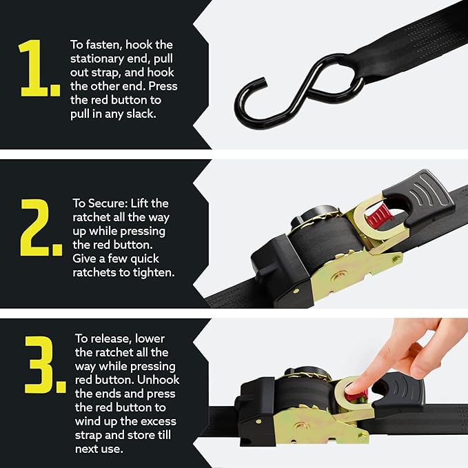 DC Cargo Mall Auto Retractable Ratchet Straps (2-Pack) 1” x 10ft, Heavy Duty, 1,209lb Break Strength – Tie Down Straps for Cargo, Truck, Trailer, Motorcycle, Boat