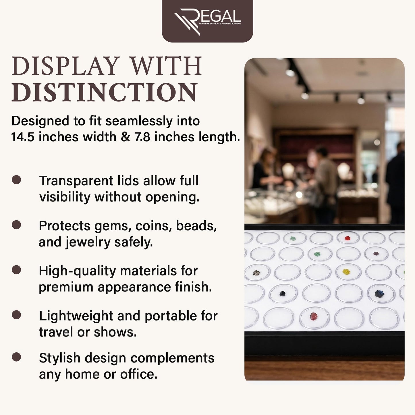 RJ Displays 50 White Foam Gem Jars with Tray, Gemstone Display Case with Lids for Gems, Coins, Gem Storage Organizer, Gem Holder, Charm Box, Gem Display Case, Gemstone Storage, 14.5" x 7.8" x 0.75"