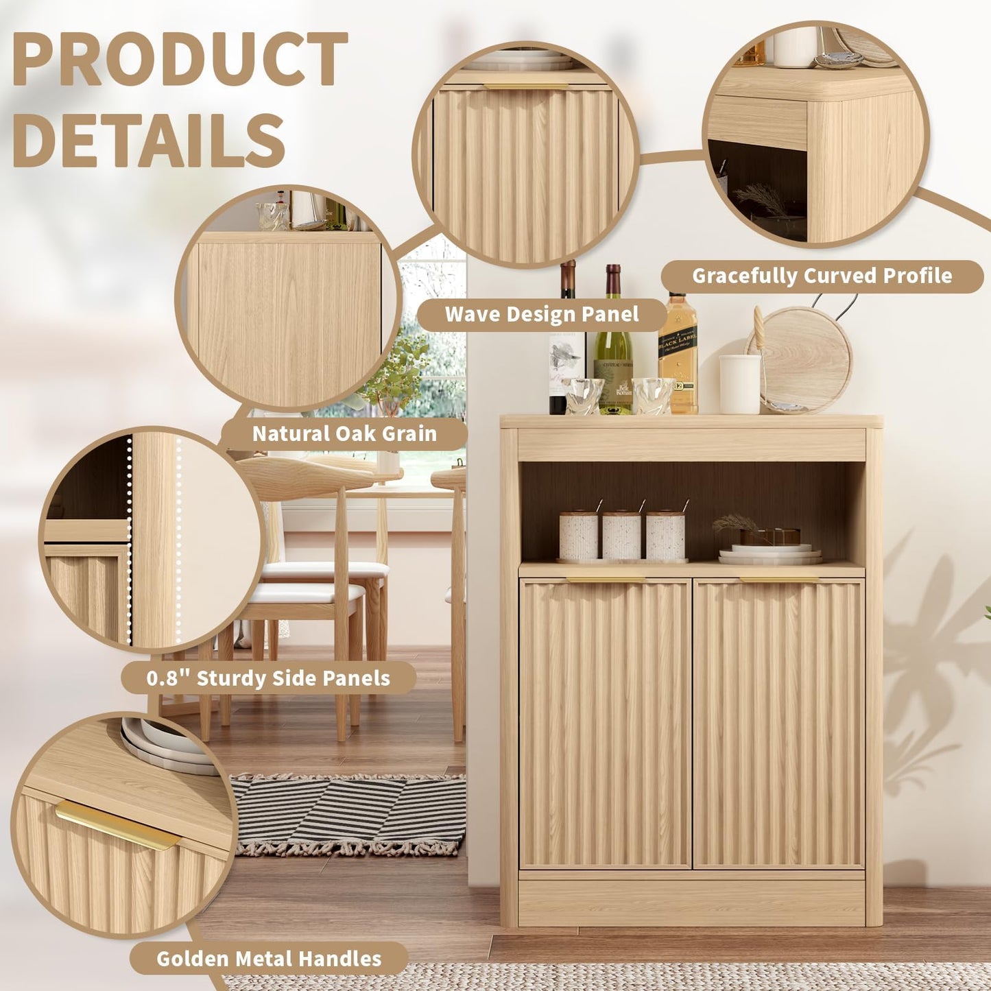 AURINEST Fluted Buffet Cabinet with Storage, Small Coffee Bar Cabinet with Doors & Adjustable Shelves, Wood Storage Cabinet for Kitchen, Living Room, Entryway, Oak