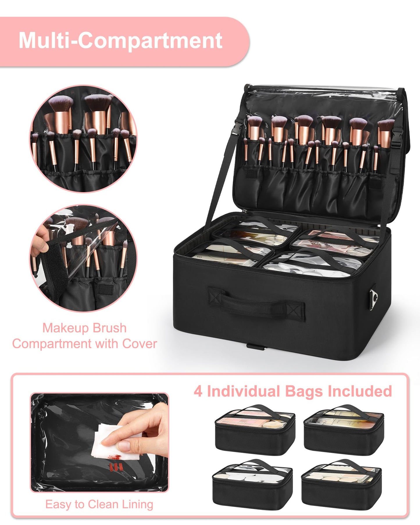 Relavel Extra Large Cosmetic Case, Travel Makeup Bag with 4 Clear Pouches & Lipstick Plate, Portable Cosmetic Case Storage Organizer Box for Makeup Artists with Shoulder Strap & Adjustable Dividers