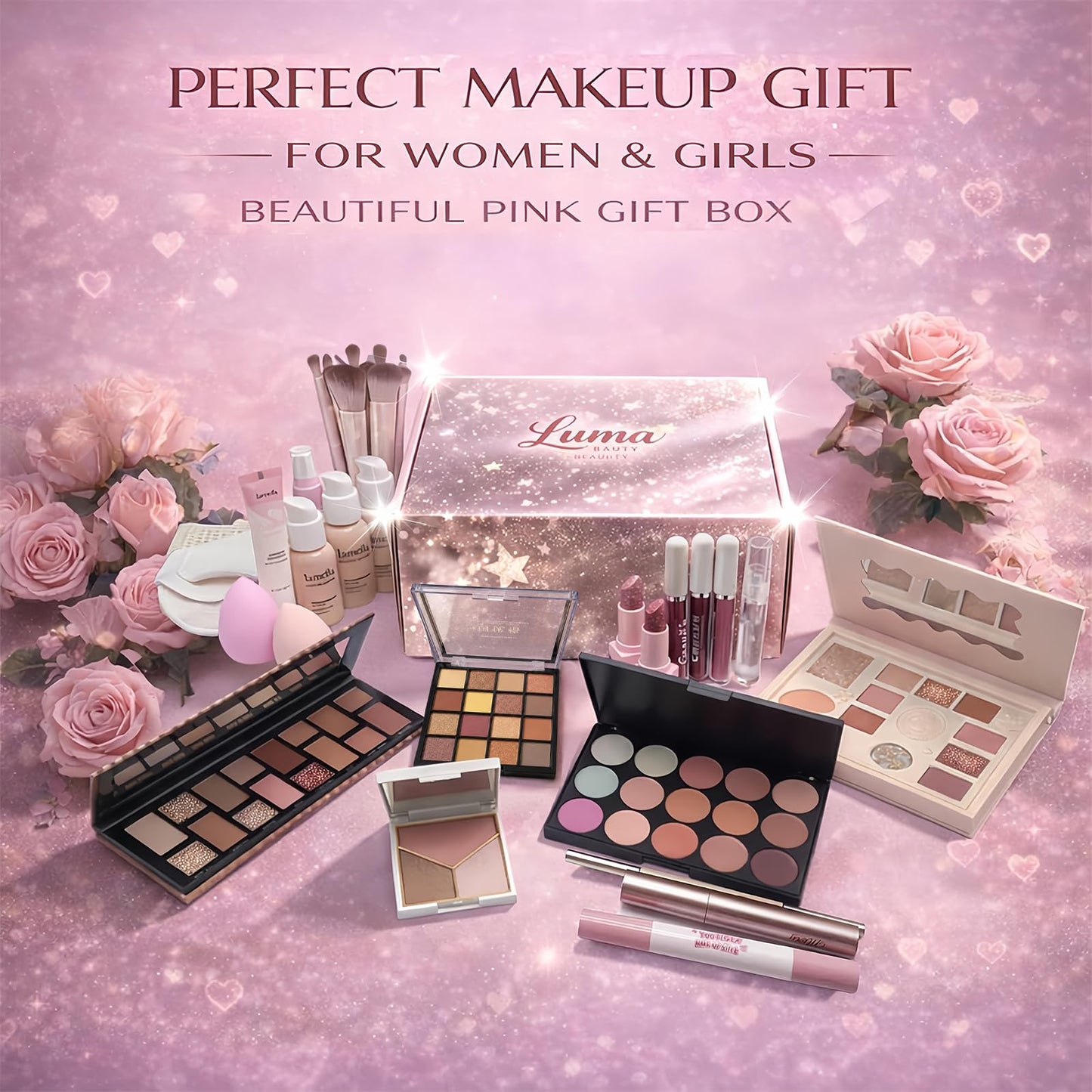 All in One Makeup Kit for Women & Beginners, Full Face Makeup Set with Eyeshadow Palette, Lip Gloss, Foundation & Brushes, Makeup Gift Set for Teens & Girls, Suitable for Different Skin Tones