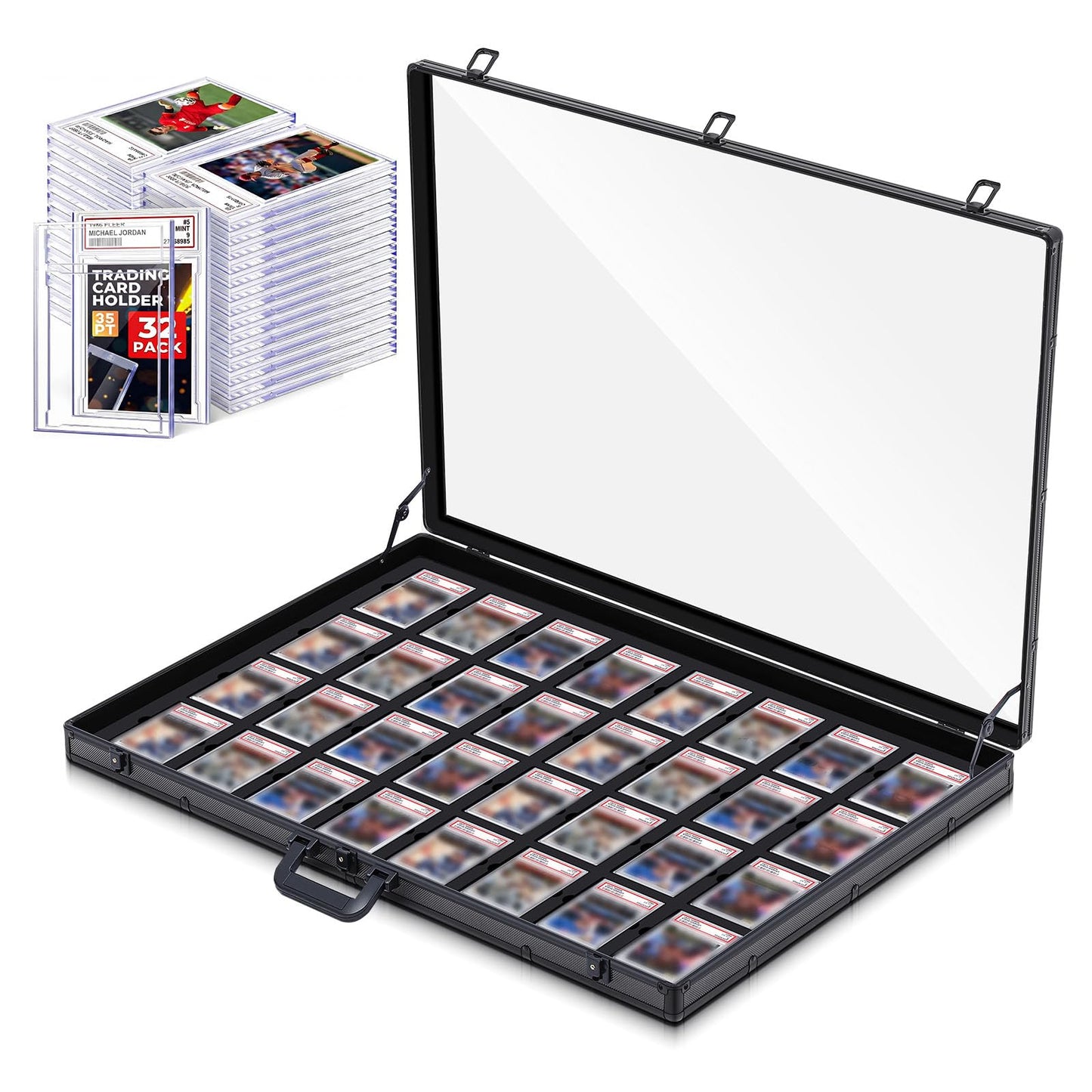 36" x 22" Trade Show Display Case Large Aluminum Frame Tabletop Showcase with 32 Pcs 35pt Card Holder Clear Acrylic Showcase Slots for Sports Card for Exhibitions Conventions and Collectibles
