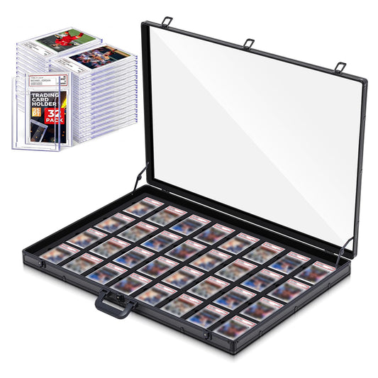 36" x 22" Trade Show Display Case Large Aluminum Frame Tabletop Showcase with 32 Pcs 35pt Card Holder Clear Acrylic Showcase Slots for Sports Card for Exhibitions Conventions and Collectibles