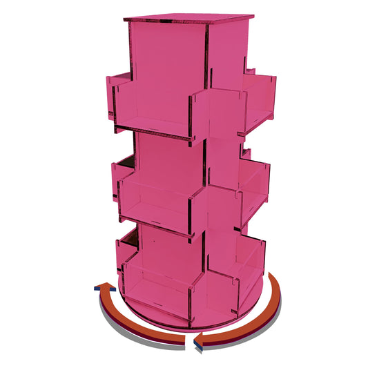 Rotating Display Stand, 3 Tier Wooden Organizer, 4-Sided Display Rack, 360 degree Spinning Multi-Pocket Tabletop Display Stand for Coasters, Stickers, Retail, Showcase, Tradeshow, 17”H, Pink