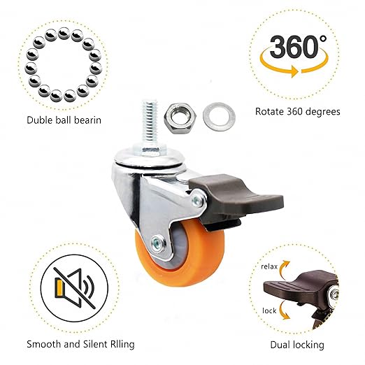 1" M6x15 Stem Casters Bolt Threaded Wheels,TPR Mute Rubber Swivel Single Caster Screws in Wheel Small with 2 Brake Locks-Orange