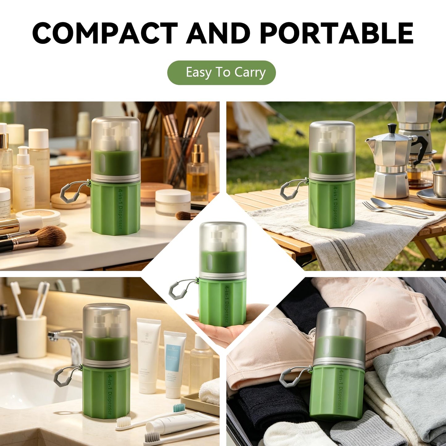 MORMID 4 in 1 Travel Dispenser，Unbreakable Silicone Travel Dispenser Bottle, Vacuum Suction Wall Mounted Refillable Containers,Leakproof Toiletry Containers for Shampoo, Lotion, Baby Care-Green.