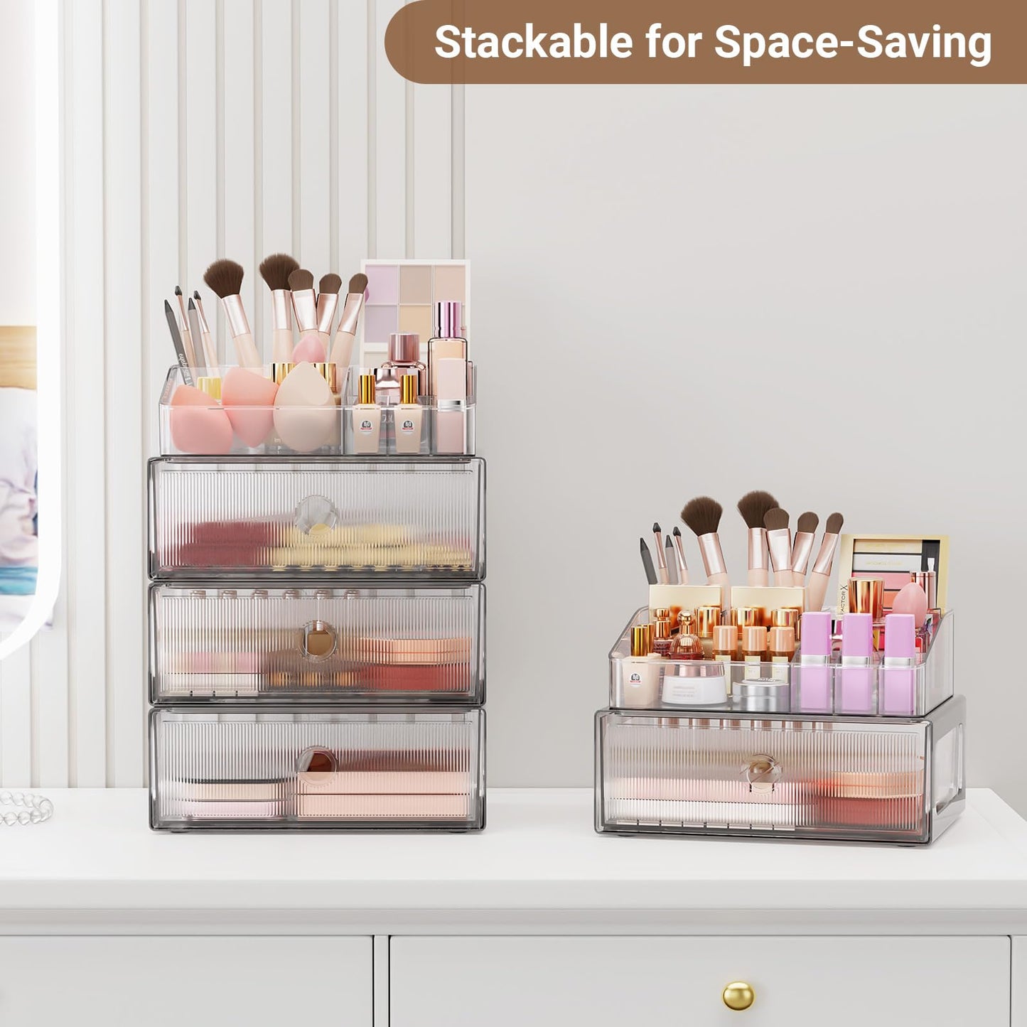 HOMETUK 3 Tier Clear Makeup Organizer with Drawer, PET Cosmetic Storage for Dresser, Countertop & Bathroom Vanity, Holders for Lipstick, Brushes, Skincare & Beauty Supplies