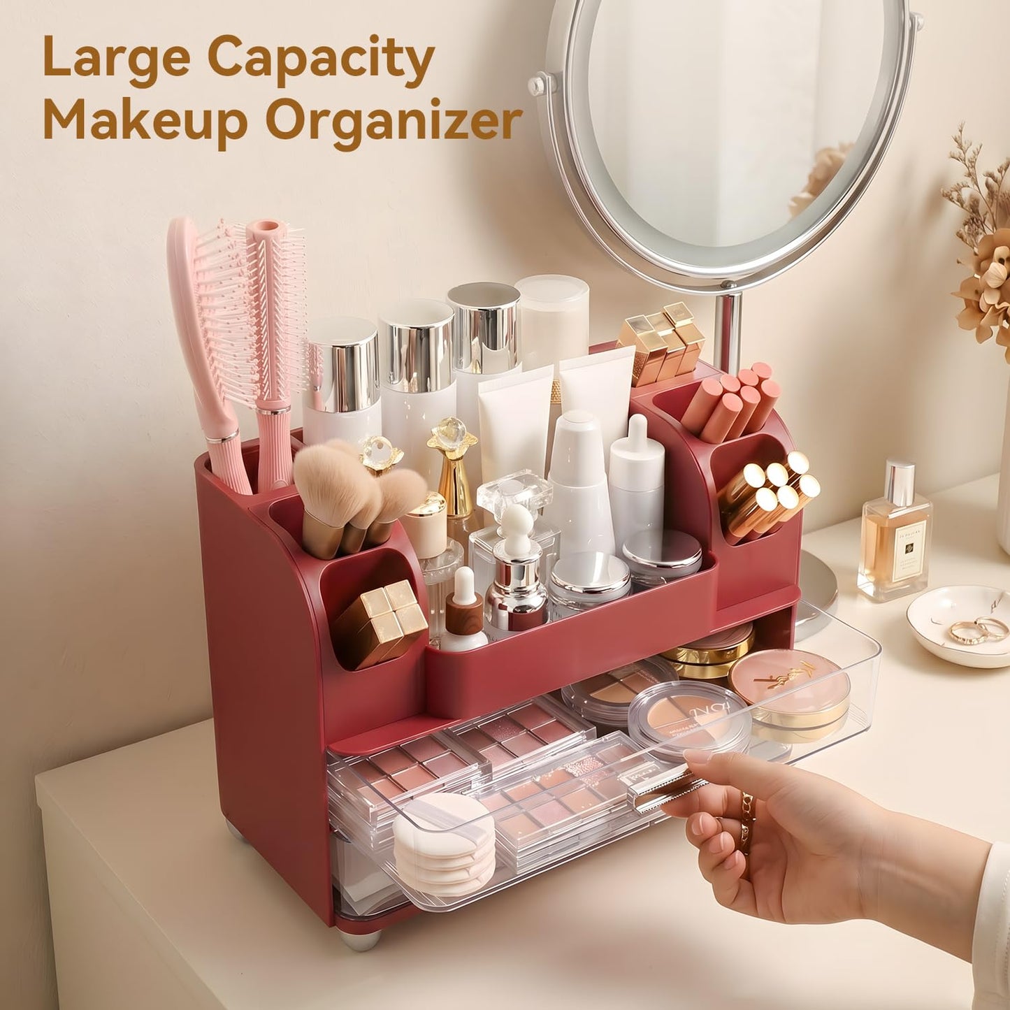 Brothersbox Makeup Organizer for Vanity with 2 Large Drawers and 6 Brush Holders, Large Bathroom Countertop Cosmetic Storage for Skincare, Lipstick, Nail Polish, Perfume, Gift for Women, Red