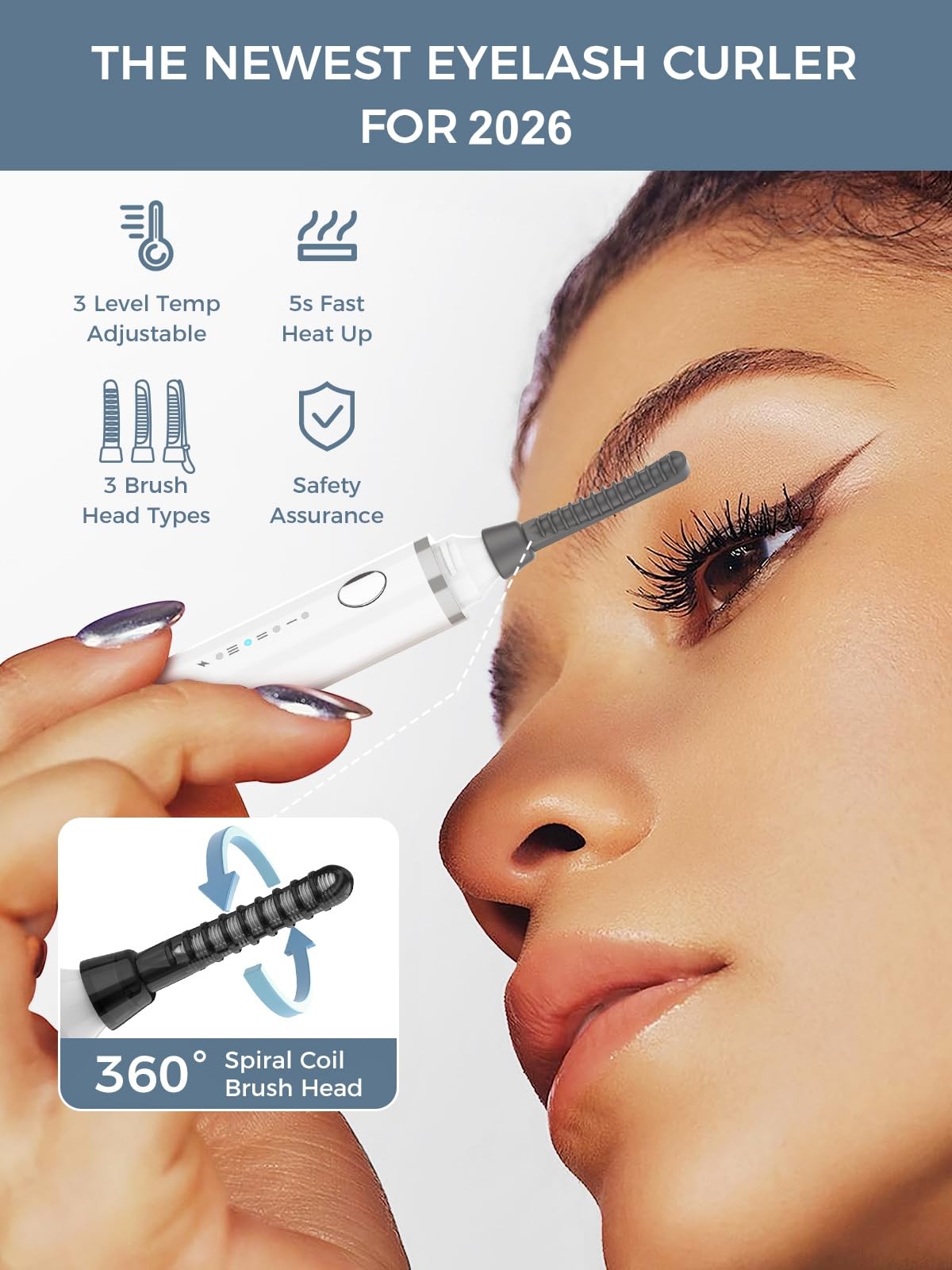 Smiling Shark Heated Eyelash Curler, 360°Wand-Style Heated Eyelash Curler Comb with 3 Brush Heads & 3 Temp & 5s Fast Heating【Lengthen/Define/Curler】 3-in-1 Lash Curler for All Types of Lashes