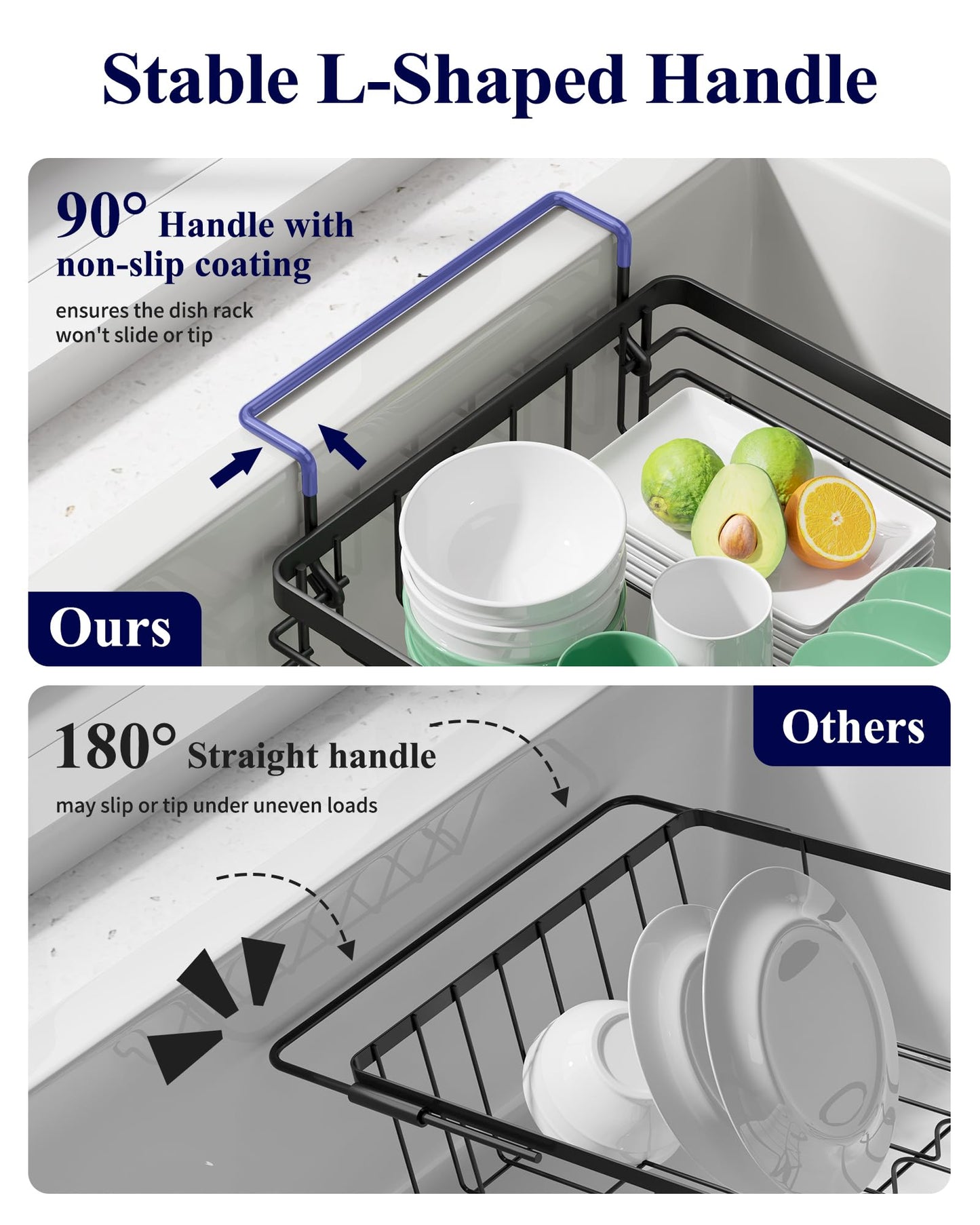Kitsure Dish Drying Rack – Expandable in-Sink or Over-Sink Dish Rack for Kitchen Counter, Rust-Resistant Metal Dish Strainer with Cutlery Holder, 10.82"-17.12" L x 11.02" W x 3.93" H, Black