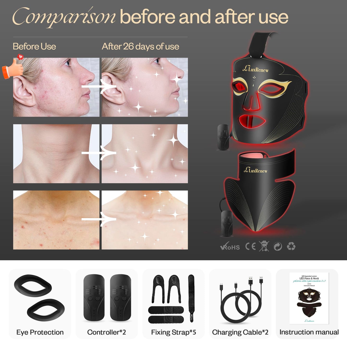Red Light Therapy Mask Set, Led Mask Light Therapy for Face & Neck, Near-Infrared Light 850nm and Red Light 630nm, 5 Gears Energy Adjustment, Black