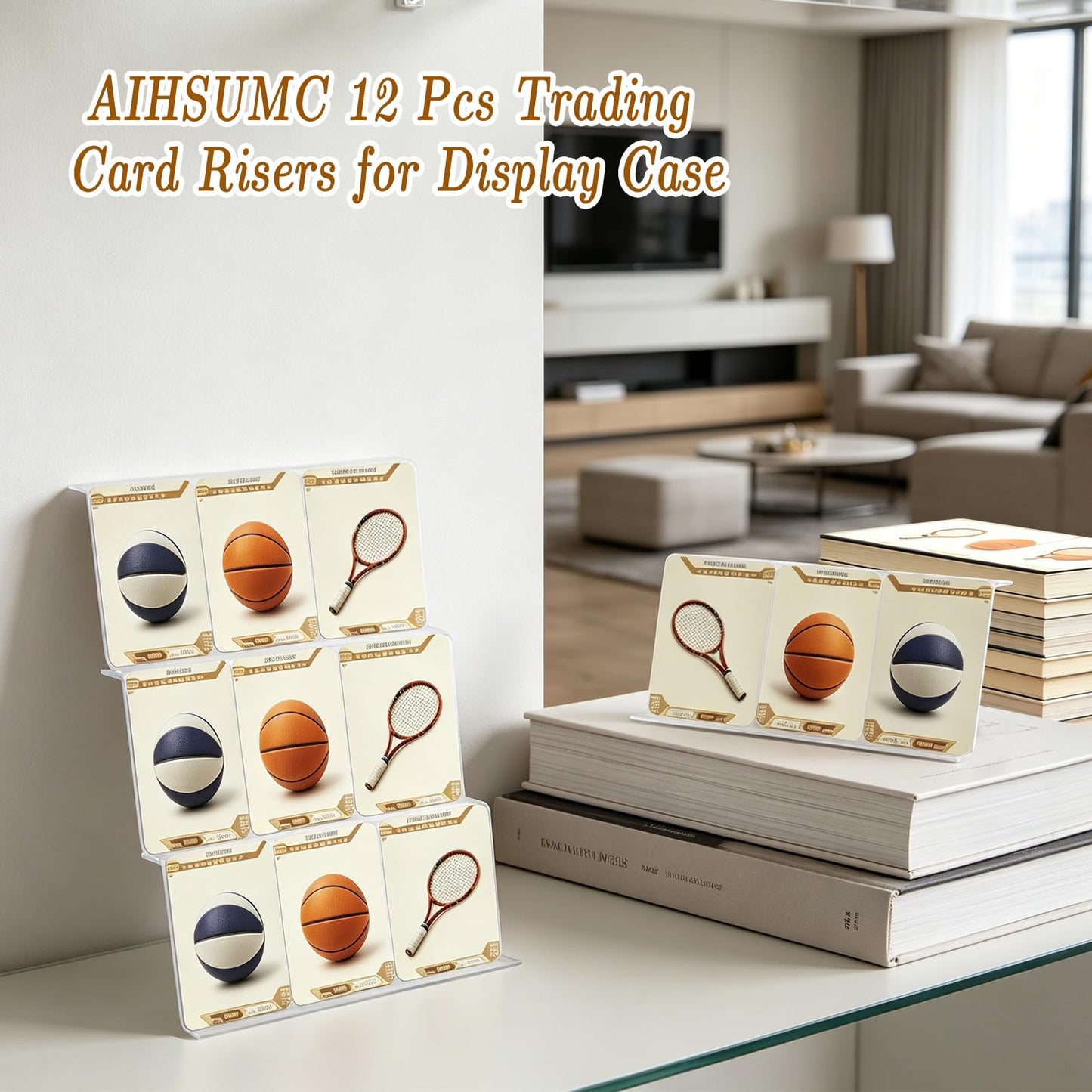 AIHSUMC 12 Pcs Trading Card Risers for Display Case, Acrylic Display Risers for Sports Cards, Clear Tiered Display Stand for Cases & Retail Glass, Graded Card Display Stand for Cardshow Vendor