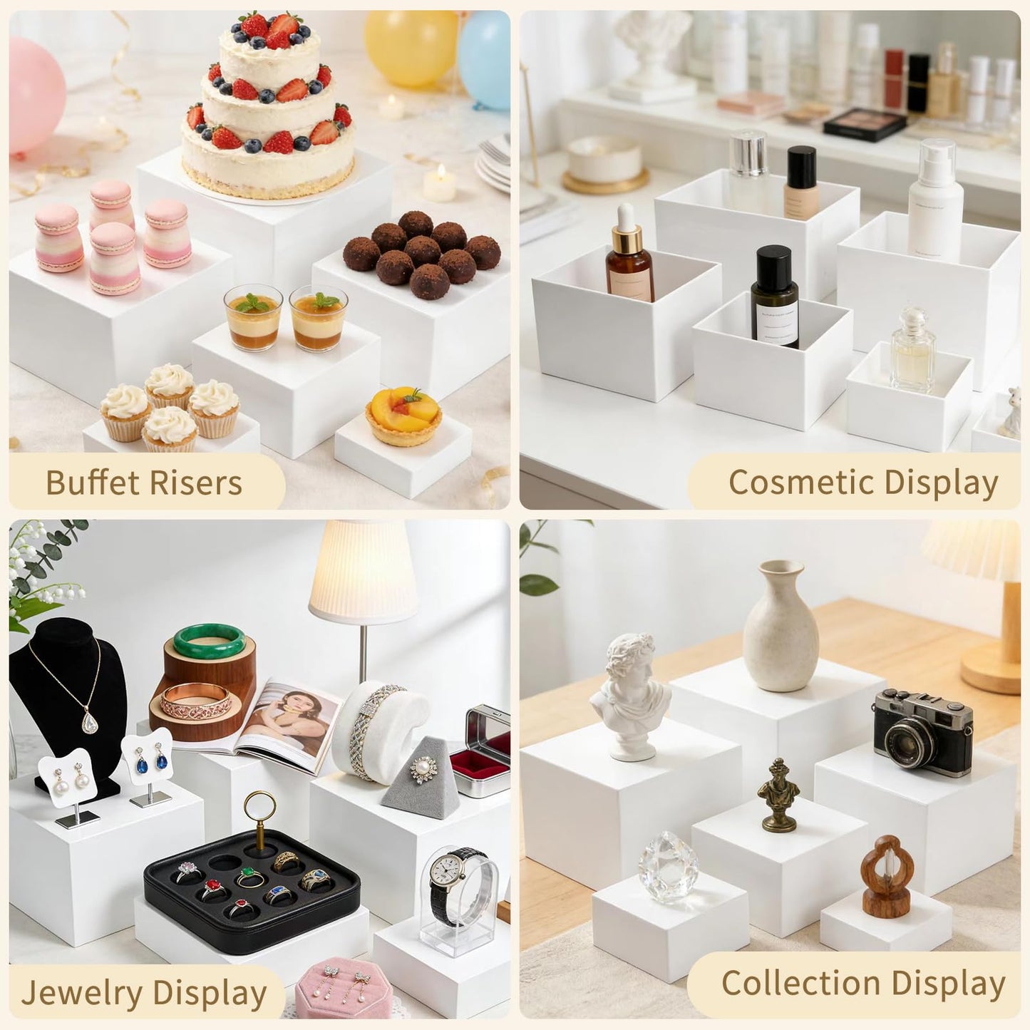 HAIJSEVR 6Pcs Buffet Risers and Display Stands, White Acrylic Dessert Table Display Set for Party, Collectibles Jewelry Catering Cube Boxes with Hollow Bottom (8",7",6",5",4",3")