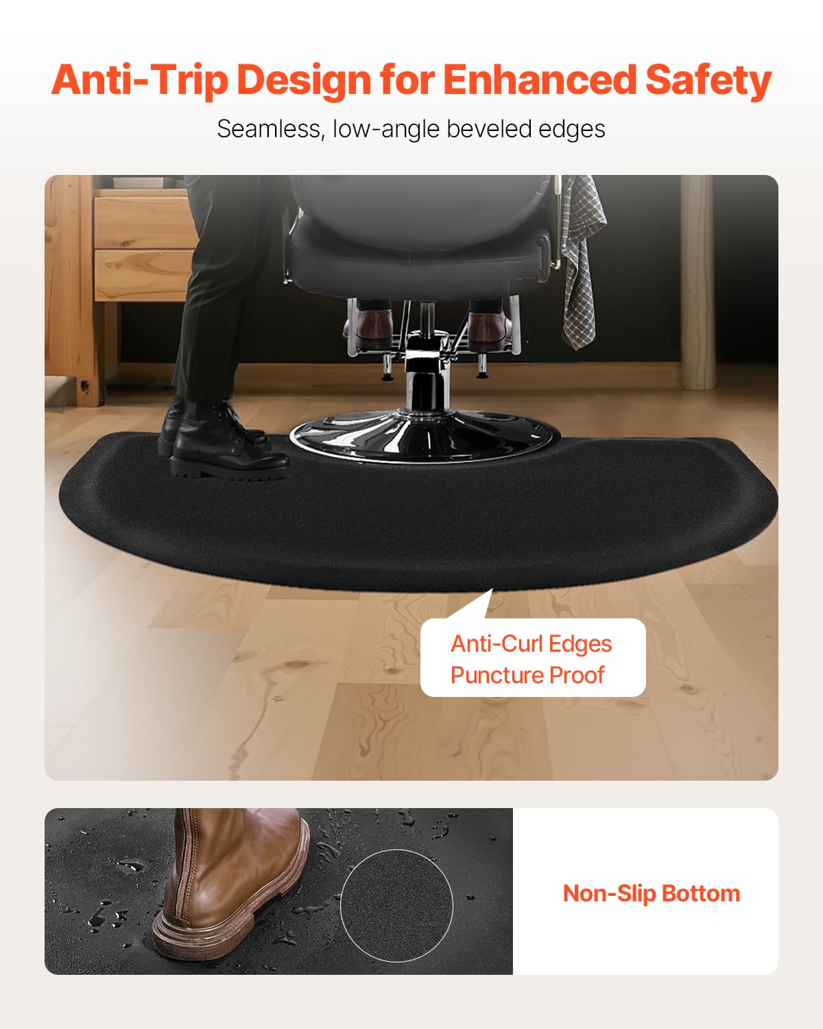 VEVOR Salon Mat for Hair Stylist, 3 x 4 FT Semi-Circle Salon Chair Mat, 1/2-inch Thickened Anti Fatigue Barber Shop Floor Mat with Round Cut Out, Easy-to-Clean PVC Surface & Anti-Trip Beveled Edges
