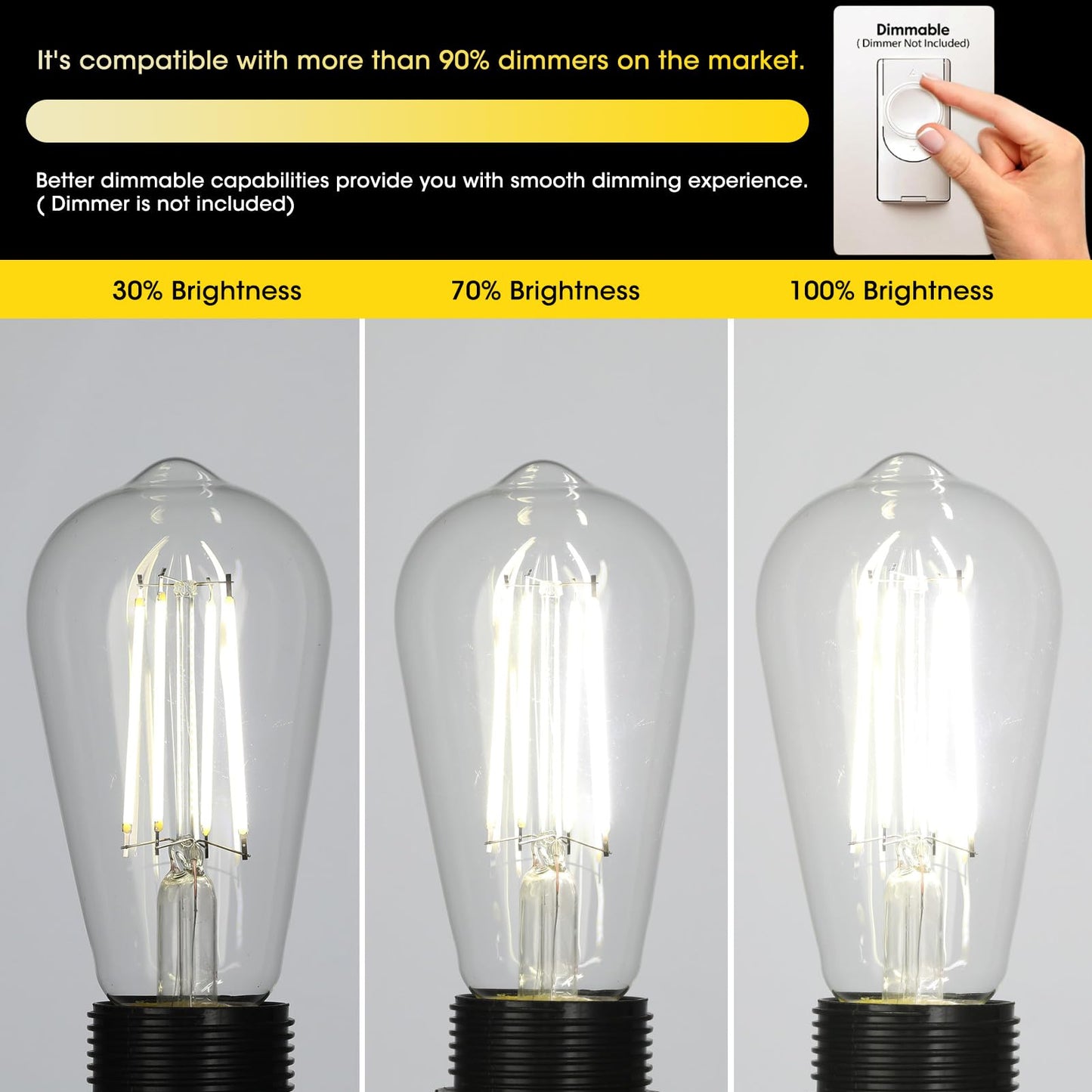 Gozelux Vintage LED Edison Bulbs, 6W, Equivalent 60W, High Brightness Daylight 5000K, ST58 Antique LED Filament Bulbs with 90+ CRI, E26 Medium Base, Dimmable, Clear Glass, Pack of 6