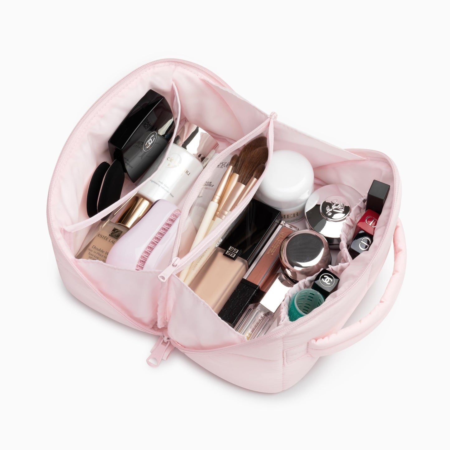 Comfyable Puffy Makeup Bag for Women, Compact Cosmetic Organiser for Girl, Cute Lightweight Travel Pouch, Open Flat Water-Repellent Make Up Bag, Light Pink