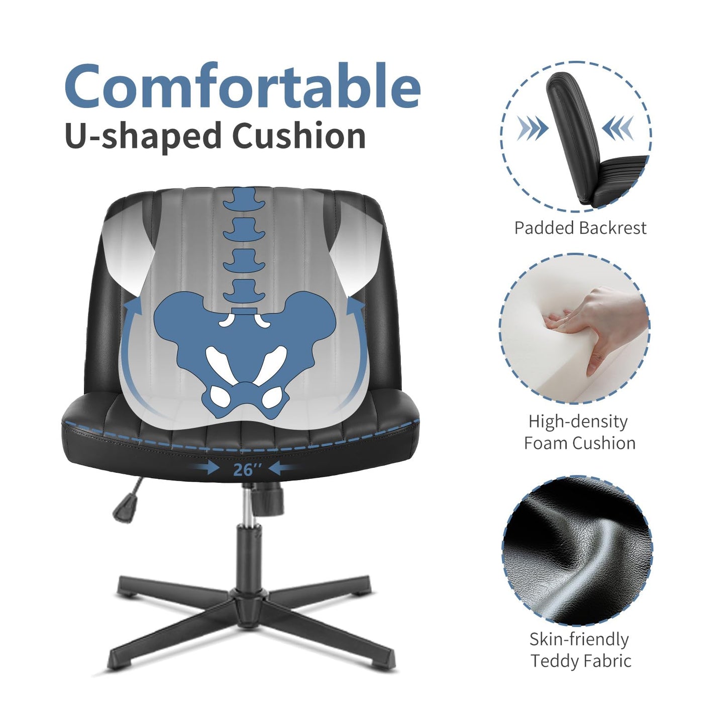 DUMOS Criss Cross Chair No Wheels, Wide Seat Cross Legged Office Desk Vanity Chair, Faux Leather Armless Height Adjustable Swivel Task Computer Chairs for Home, Study, Black PU