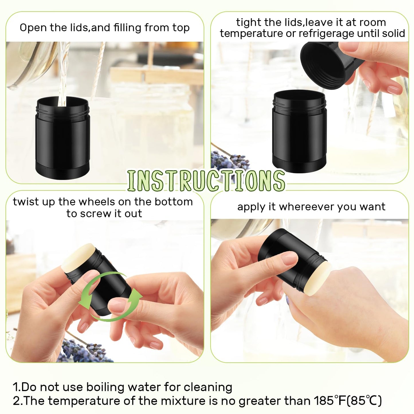 glasstore 15 Pcs Plastic Empty Deodorant Containers Twist-up DIY Deodorant Tubes Top Filling Refillable Lip Balm Tubes For Deodorant Lip Balm Lotion Sticks etc (black, 30ml/1oz)