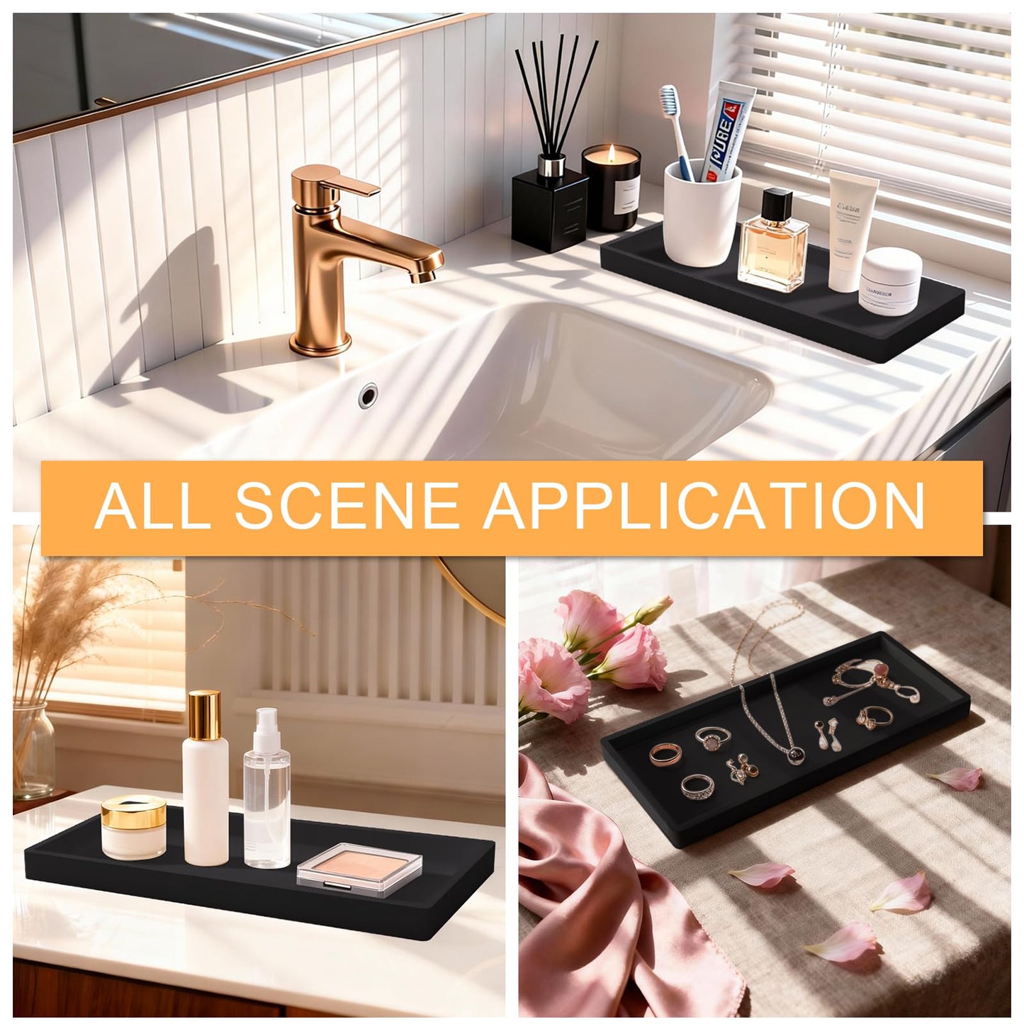 2PCS Bathroom Vanity Tray, 11.8 x 5 Inch Silicone Bathroom Counter Organizer, Decorative Holder for Candle and Perfume Tray, Cosmetics, Jewelry Rings for Kitchen Sink Organizer, Black