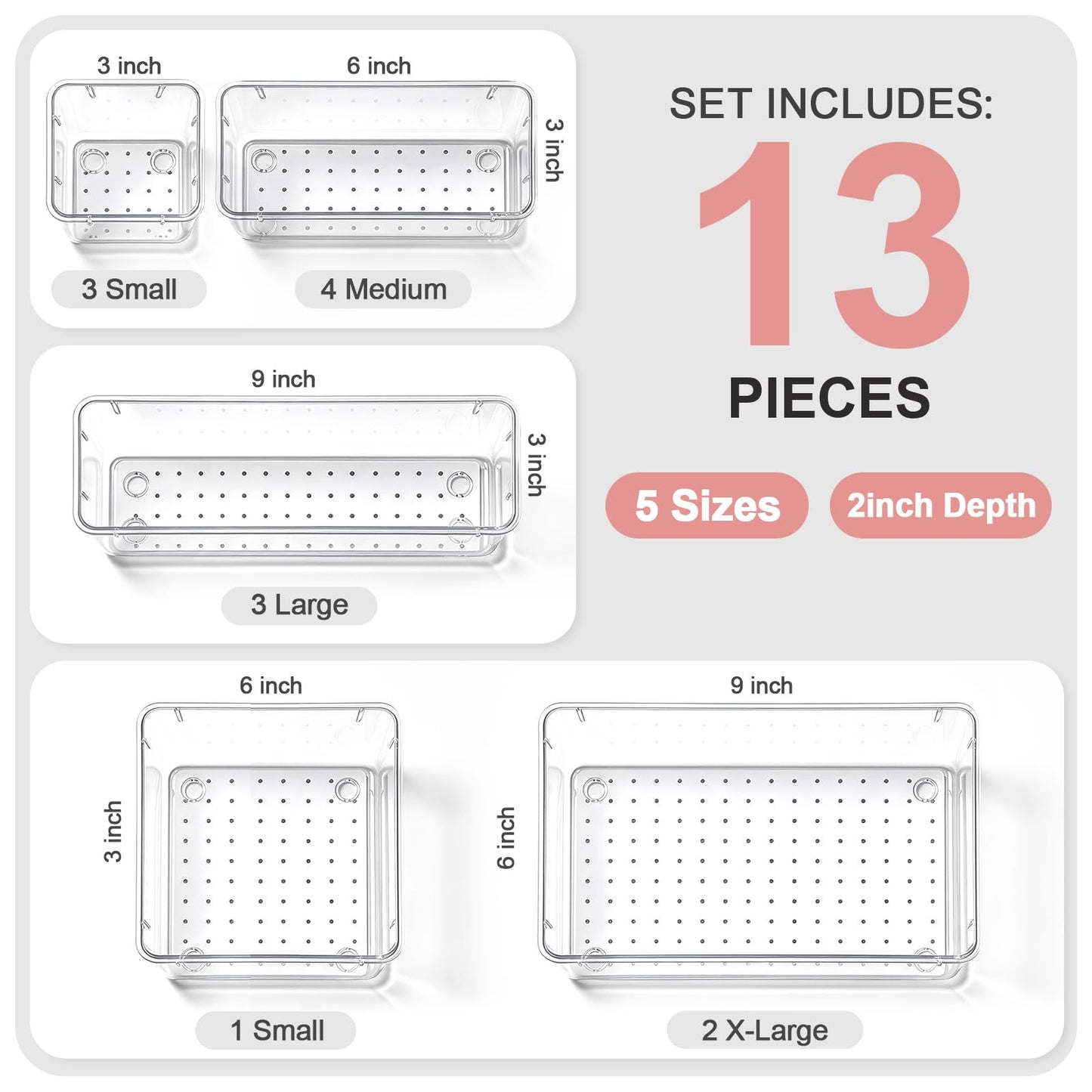 Asnews 13 Pcs Desk Organizer Tray for Makeup, 5 Sizes Vanity Makeup Drawer Organizer Set, Non-Slip Desk Drawer Organizer Trays for Bathroom, Bedroom, Office, Fits Jewelry