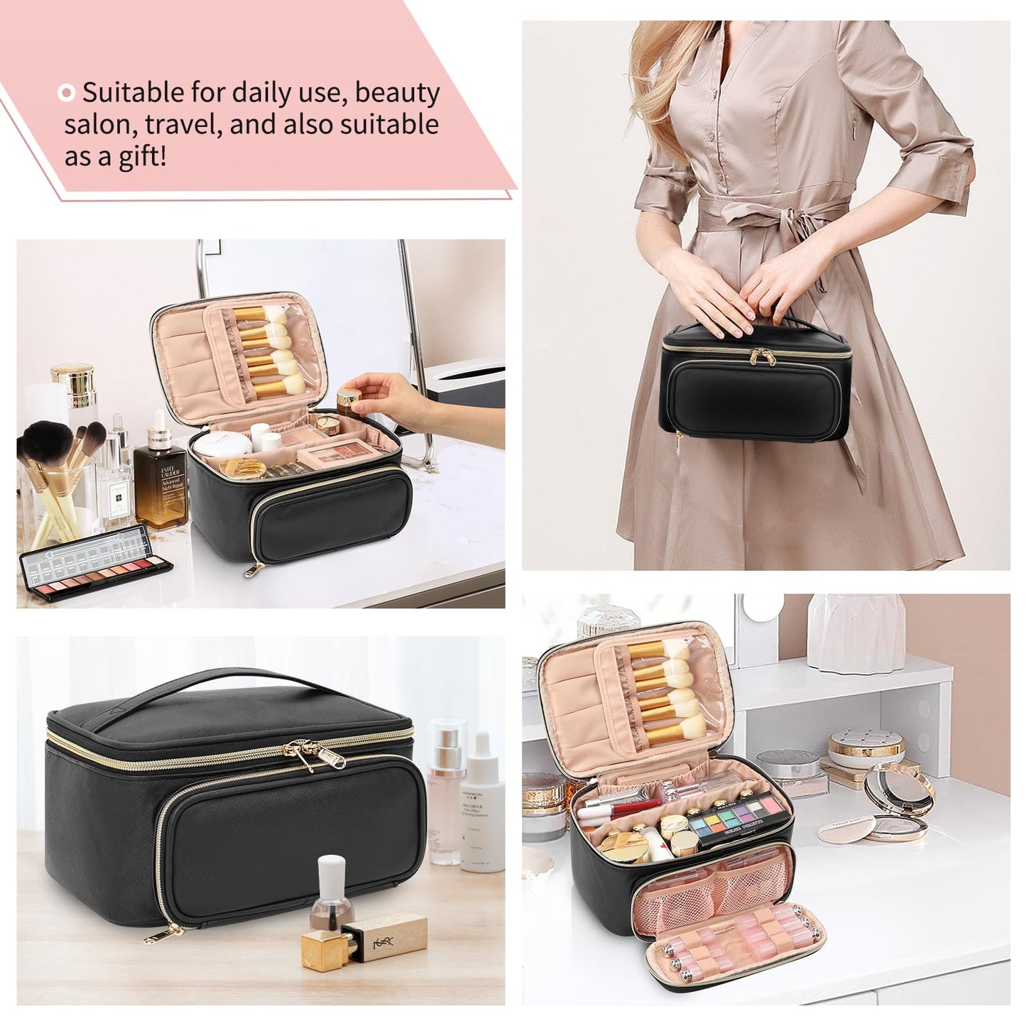 OCHEAL Makeup Bag, Multifunctional Make Up Bags with Zipper Pouch Large Compact Makeup Bag Organizer for Women Girls Cosmetics Toiletry Brushes Storage Makeup Case with Handle Divider-Black