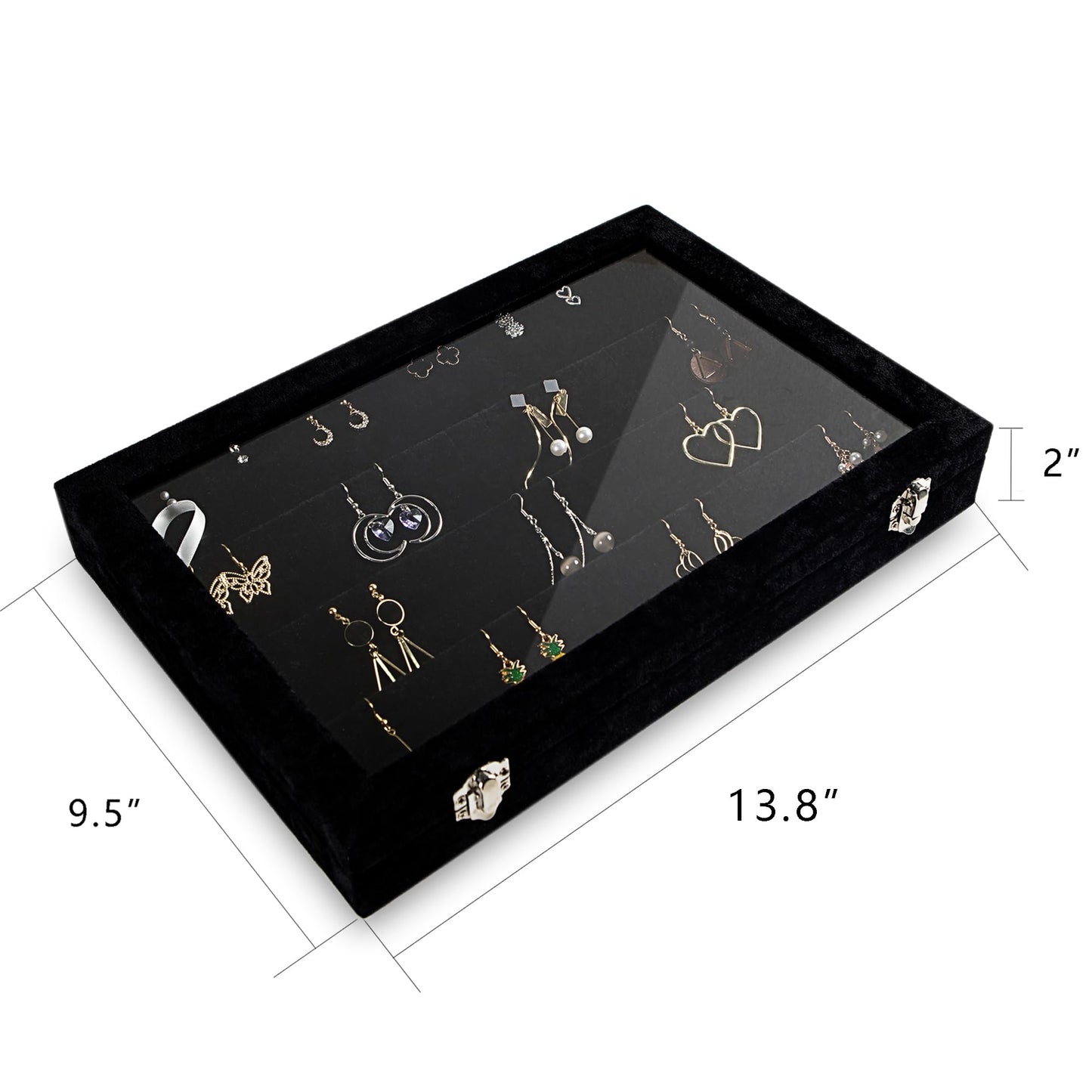 Frebeauty Earring Organizer Tray with Clear Lid 64 Slots Velvet Drawer Insert Earring Storage box with Transparent Glass lid Jewelry Display Case with lock Gifts for Women (Black, Earrings)