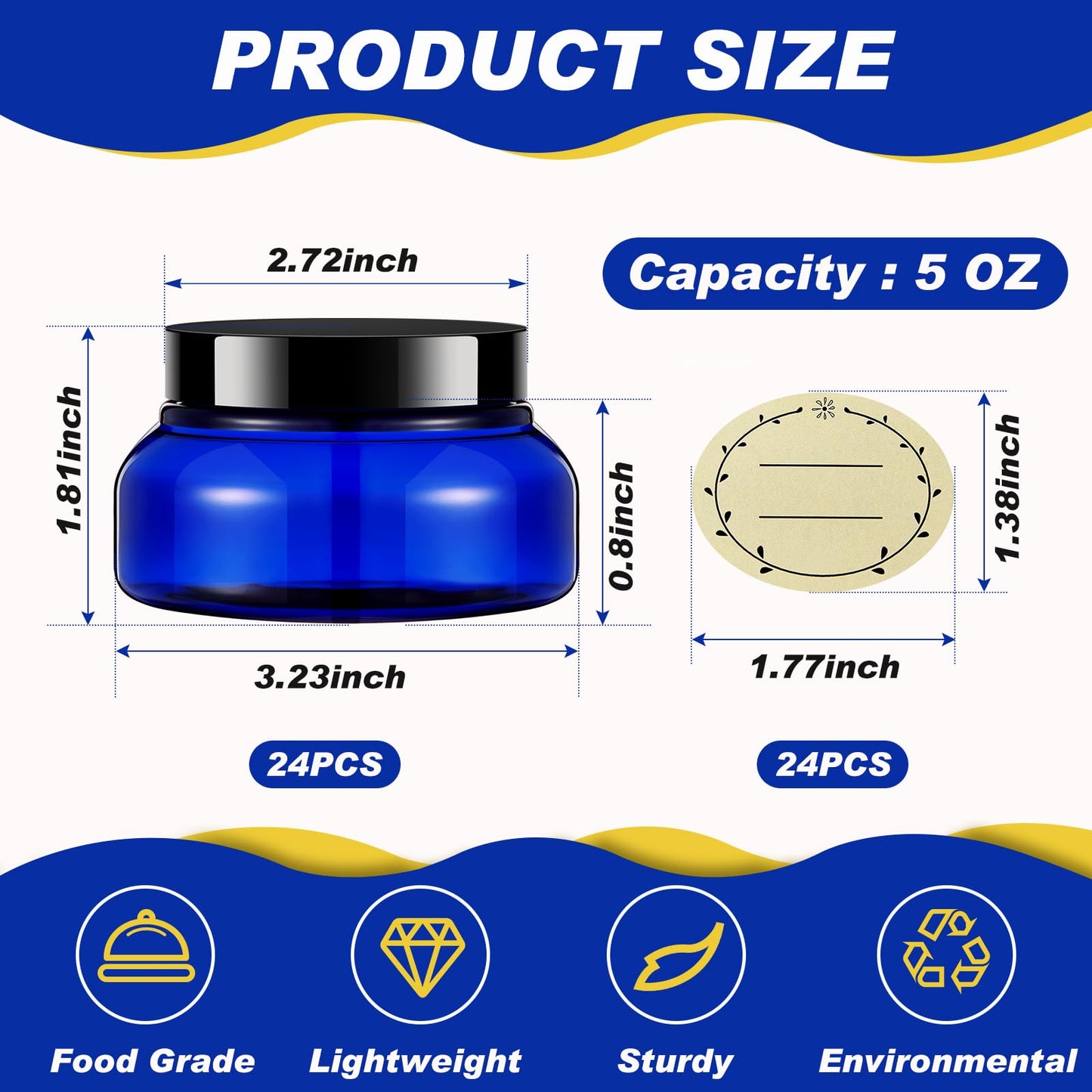 Tessco for you 24 Pack Plastic Jars with Lids Labels Multiuse Slime Containers Empty Body Scrub Jars Round Refillable Cosmetic Body Butter Container for Makeup (5 oz,Blue,Black)