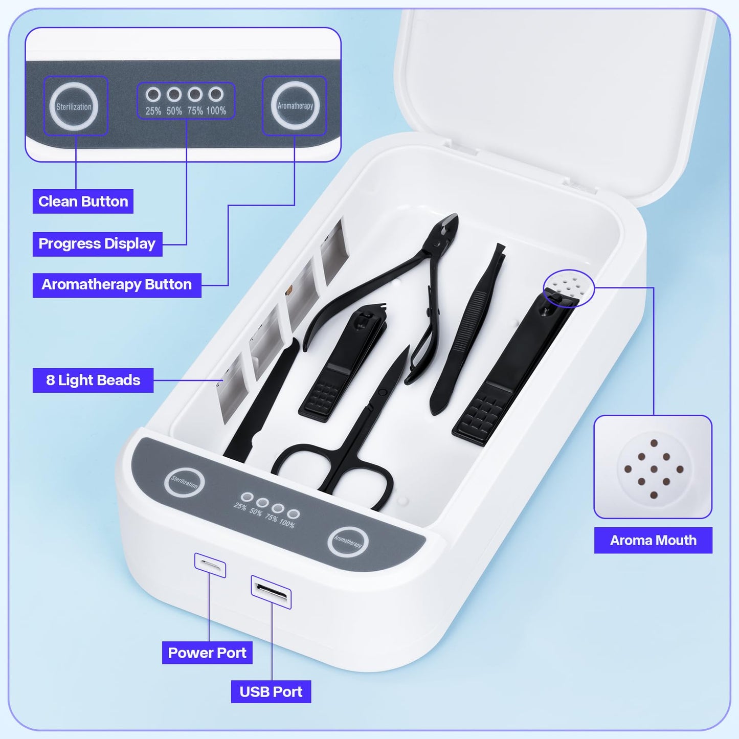 Shmian Cleaning Box for Nail Tools & Phone Accessories-USB-Powered Portable Cleaning Box for Scissors, Jewelry, Tweezers - Manicure Salon & Home Use