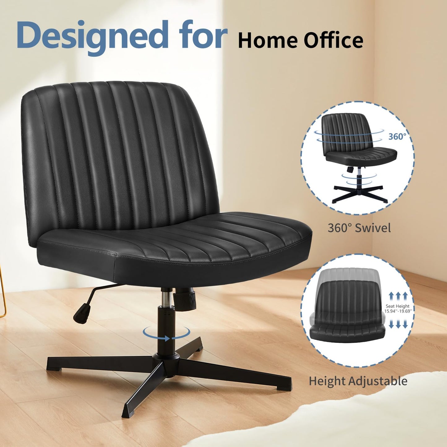 DUMOS Criss Cross Chair No Wheels, Wide Seat Cross Legged Office Desk Vanity Chair, Faux Leather Armless Height Adjustable Swivel Task Computer Chairs for Home, Study, Black PU