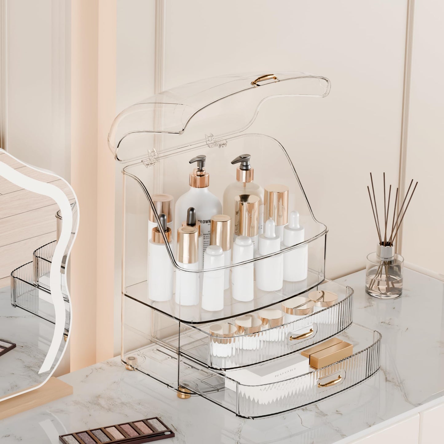 Plukers Makeup Organizer Countertop Vanity with Transparent Lid Drawers Waterproof Dustproof Cosmetic Skincare Bathroom Storage Gift for Women Teens Girls (Clear Whtie)