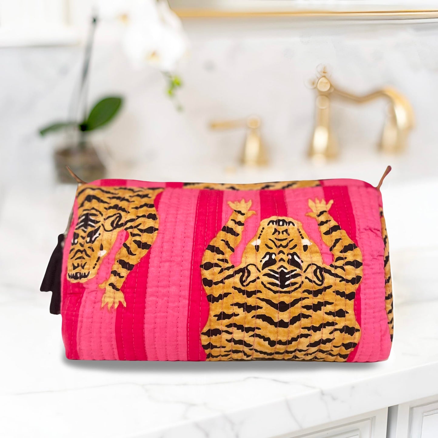 Palmetto Home Block Print Makeup Bag & Toiletry Pouch – Quilted Cotton Cosmetic Bag for Travel, Artisan Handmade Organizer for Women, Giftable (Pink Tiger)