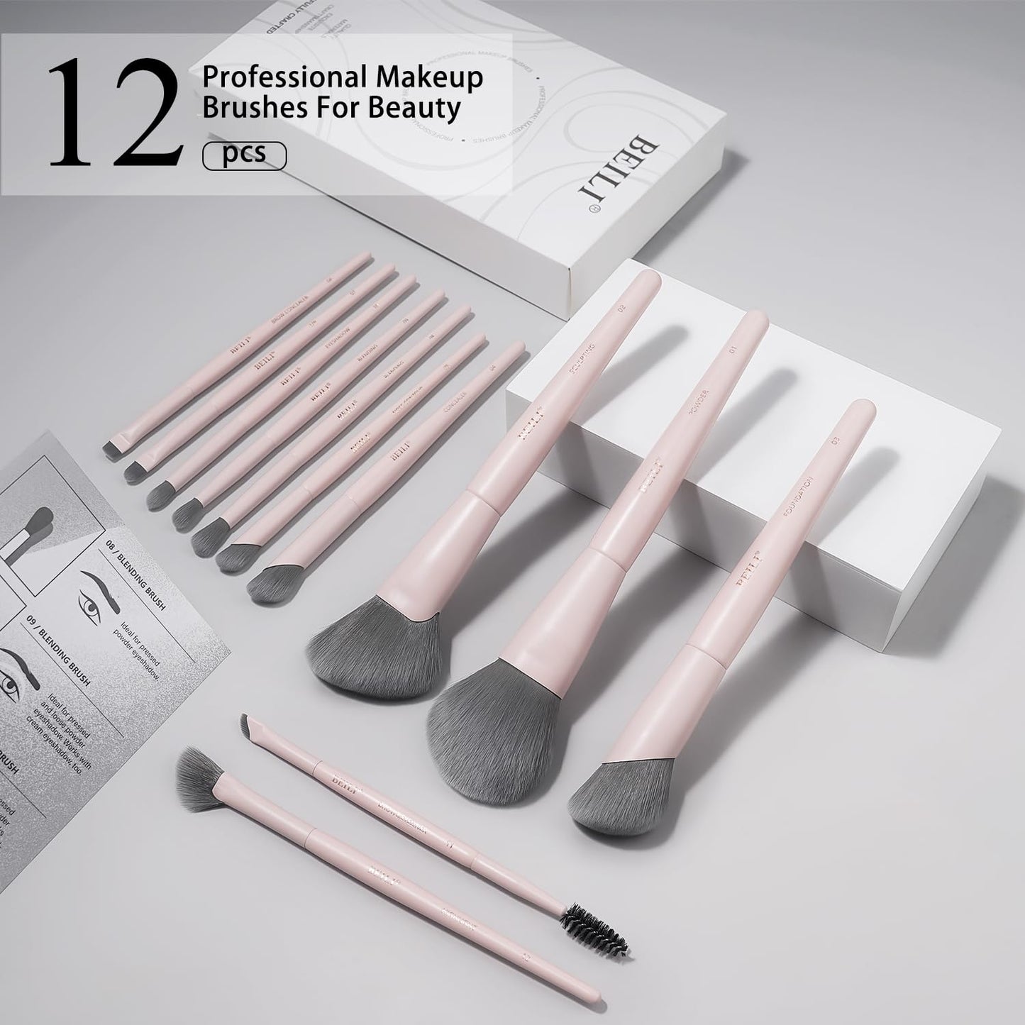 BEILI 12 Pcs Pink Professional Makeup Brush Set, Dense Synthetic Brushes for Foundation, Powder, Contour & Eye Blending, Complete Full Face Cosmetic Brush Kit with Elegant Storage