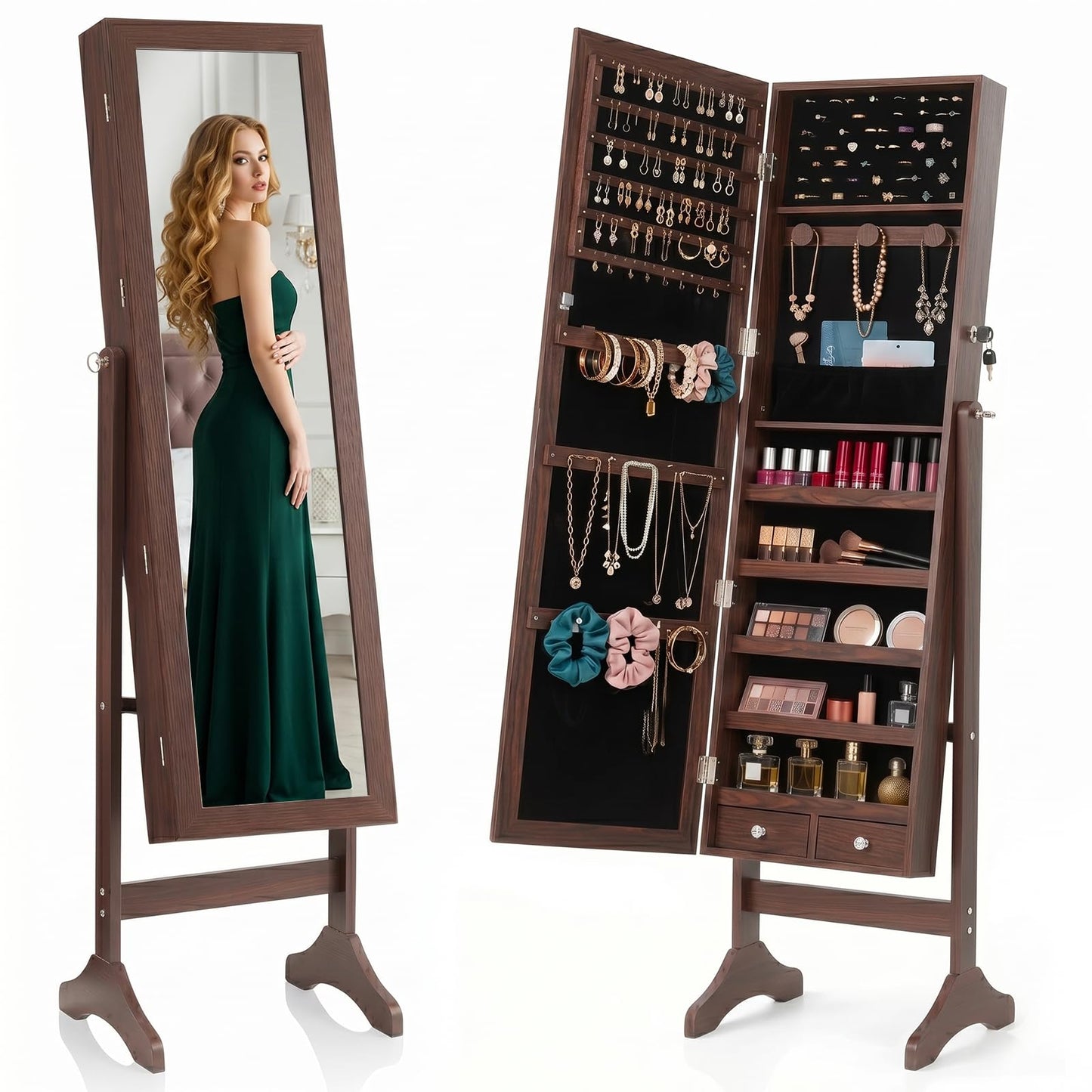 Freestanding Jewelry Armoire Cabinet, 47.3" Full Length Mirror Jewelry Organizer, Lockable Standing Jewelry Storage Cabinet with Velvet Lining, Makeup Organizer with Adjustable Angles (Brown)