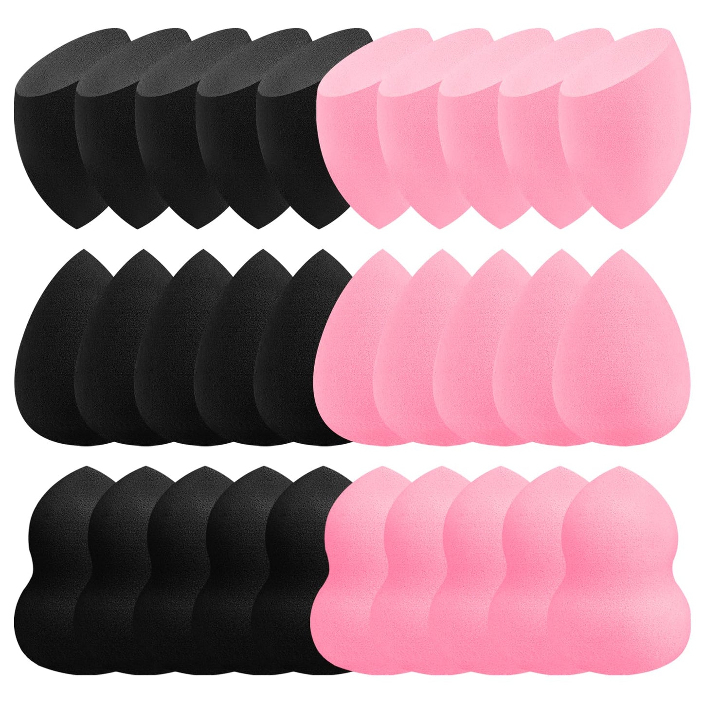 30 Pcs Makeup Sponge Set (15 Pink+15 Black) Individually Wrapped, Latex-Free Soft Low Absorption Sponges, Washable Reusable Wet Dry Use for Flawless Liquid Cream Powder Makeup