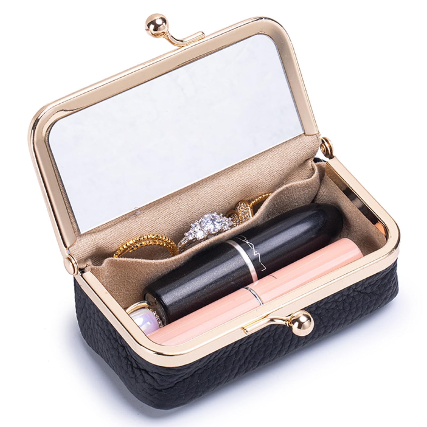 Nsciyise Genuine Leather Travel Jewelry Box, Mini Jewelry Organizer Case with Mirror for Women, Small Lipstick Bag for Purse, Cute Portable Gift for Her women giril (Black, Mirror)