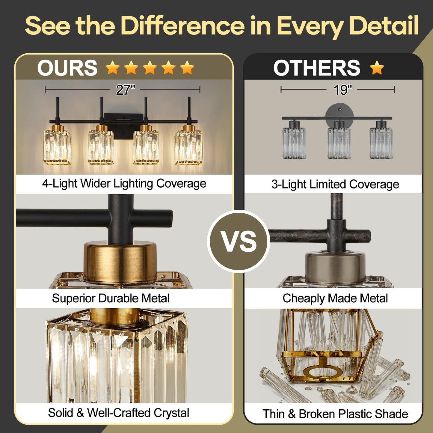 Torondo Modern Crystal Bathroom Vanity Light 4-Lights Gold Bathroom Light Fixtures Over Mirror Black and Gold Vanity Lighting Fixtures Gold Square Shade Brass Wall Sconce (Bulbs Not Include)