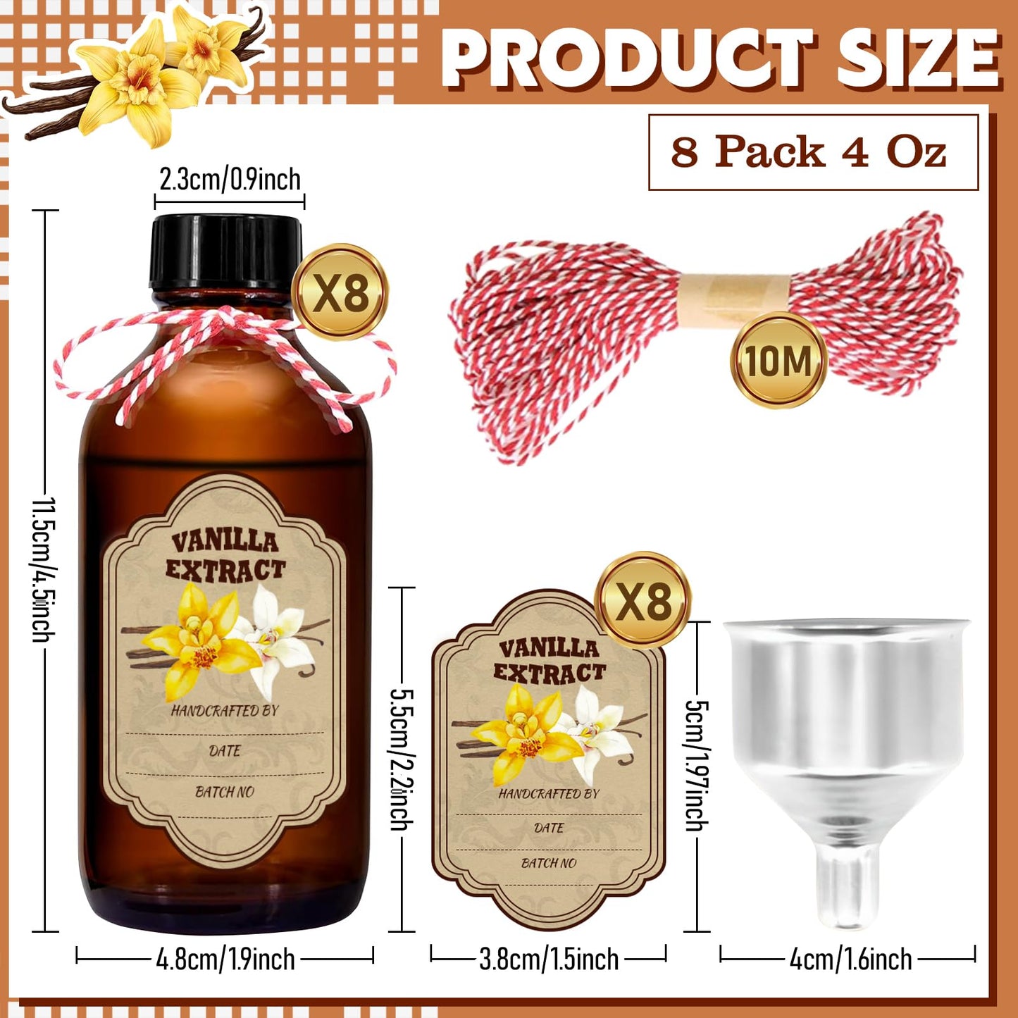 NVioAsport 8 Pack Amber Glass Vanilla Extract Bottles with Lids, 8 PCS Vanilla Extract Labels and Funnel, Glass Boston Vanilla Bottles for Syrup Gift, Jars Glass Bottles for Vanilla Extract (4oz)