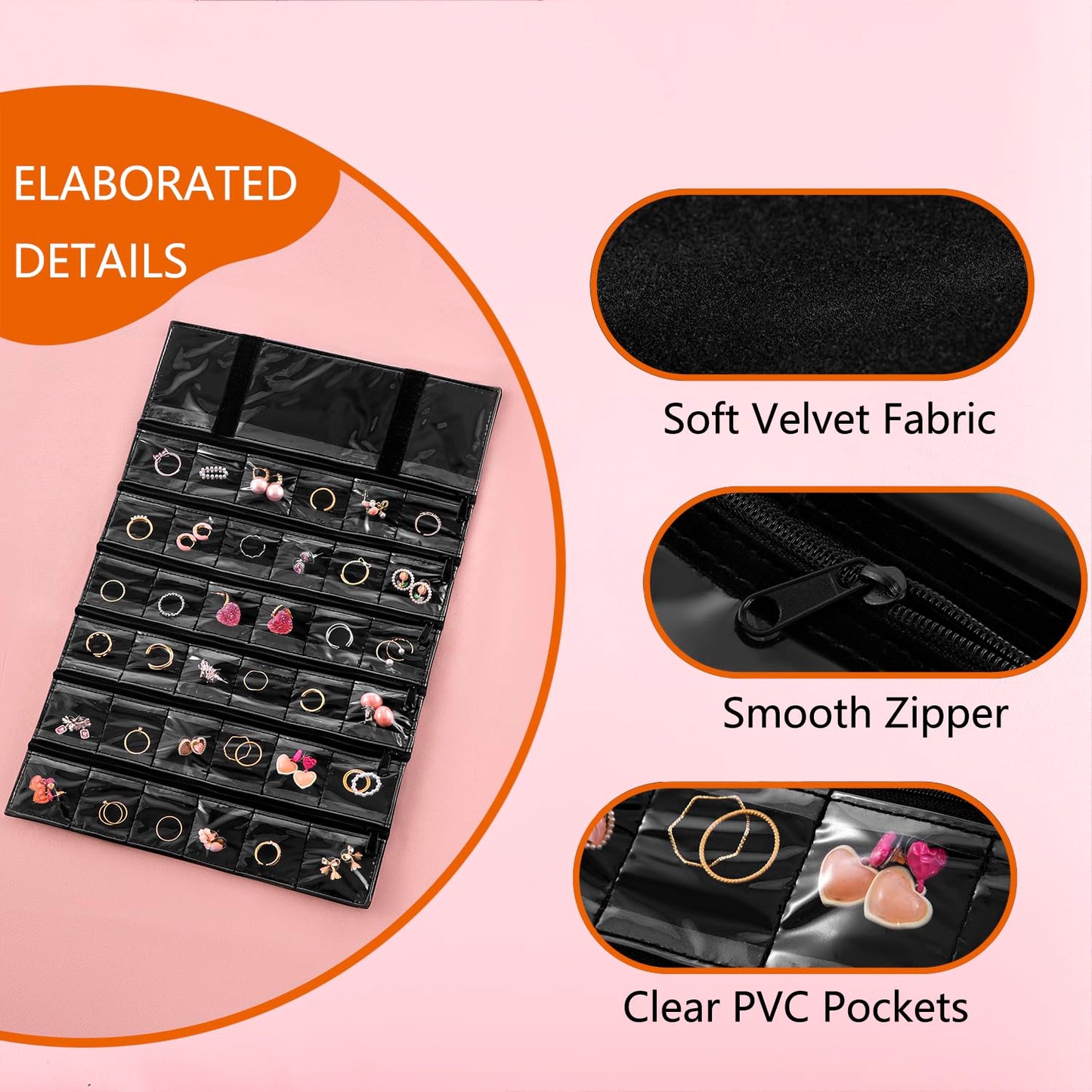 TEMUORG Travel Jewelry Organizer Foldable Jewelries Rolls Makeup Cosmetics Storage Bag for Earrings Rings Necklaces Bracelets with Zippered Pockets (36 Pockets)