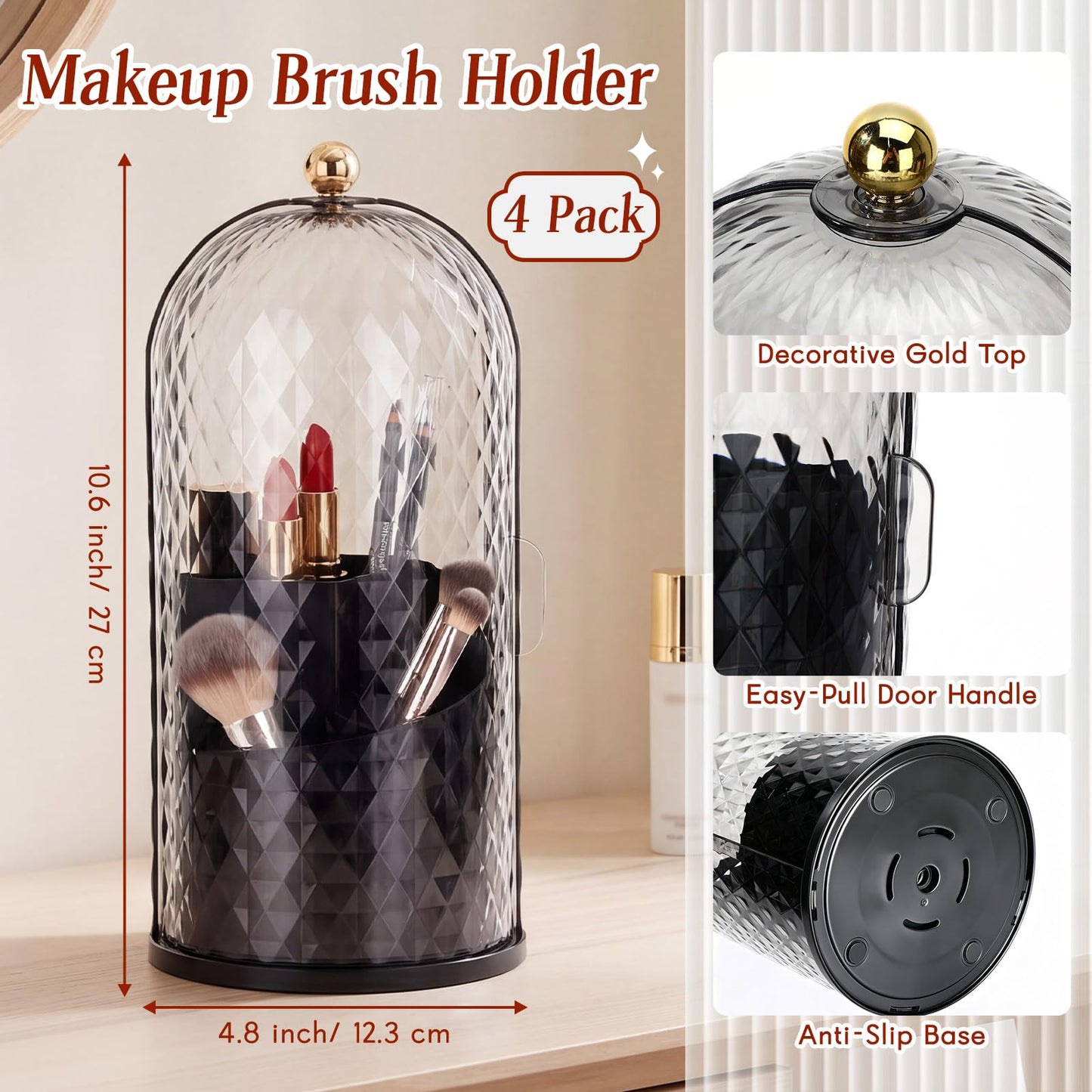 Acellegic 4 Pack Makeup Brush Holder with Lid 360° Rotating Cosmetic Organizer with 3 Compartments Dustproof Beauty Brush Storage for Vanity Bathroom Countertop(Black)