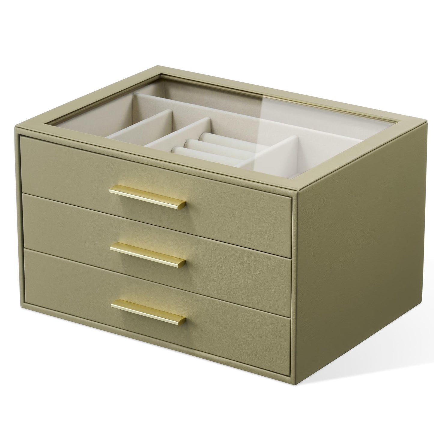 Jewelry Box Organizer Case for Women: 3-Layer Jewelry Storage Case with Glass Window, Olive Green Leather with Cream Velvet, Holder for Ring Necklace Bracelet Brooch Watch, Great Gift for Her