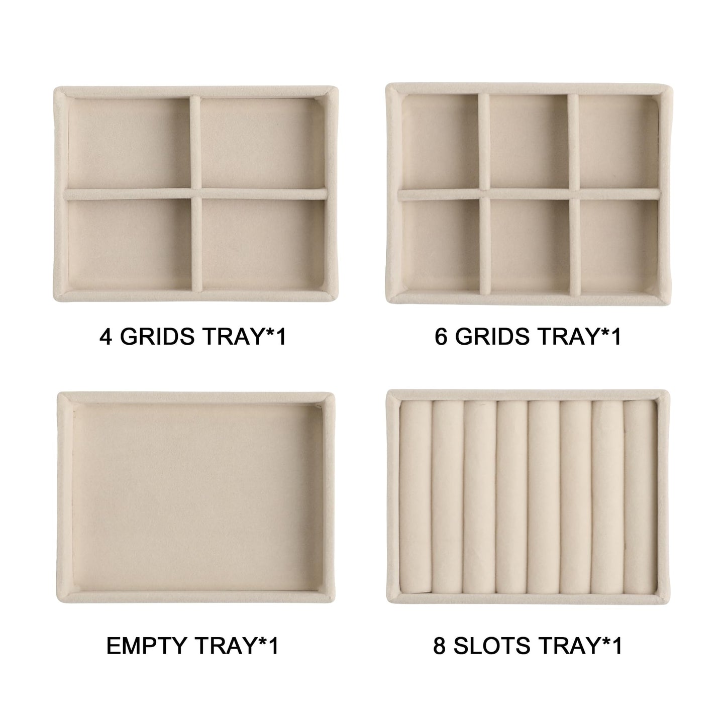 Frebeauty Small Jewelry Tray Set,Stackable Velvet Jewelry Organizer Tray,Mini Jewelry Drawer Organizer,Drawer Inserts,4.92 x 3.74 x 0.9 Inches,Earring Organizer for Women(Set 4,Beige)