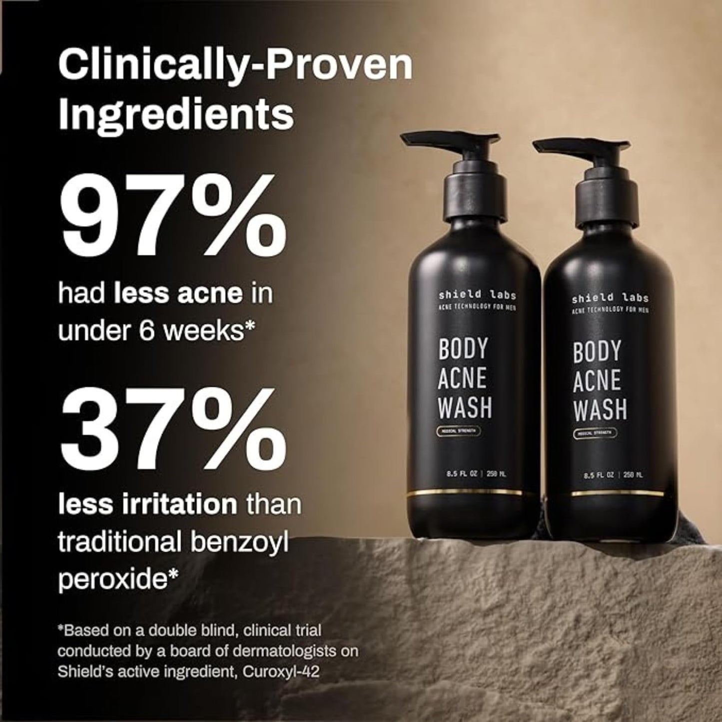 Shield Body Acne Wash for Back, Chest & Shoulders - Men's 10% Benzoyl Peroxide Body Wash, Clears Breakouts & Acne Scars – Unscented with Niacinamide, Glycolic Acid & Ceramides, 8.5 oz - Pack of 2
