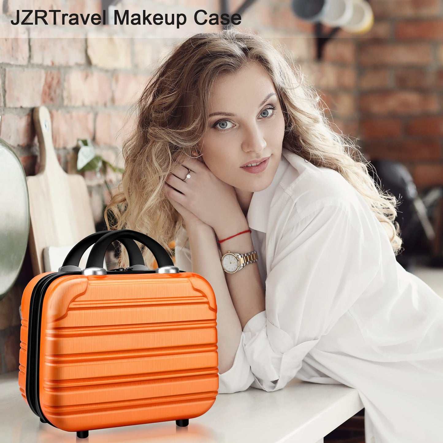 14 Inch Makeup Train Case PC ABS Hard Shell Cosmetic Organizer Portable Toiletry Bag Travel Vanity Case Small Suitcase Makeup Box for Women Outside Activity With Back Strap