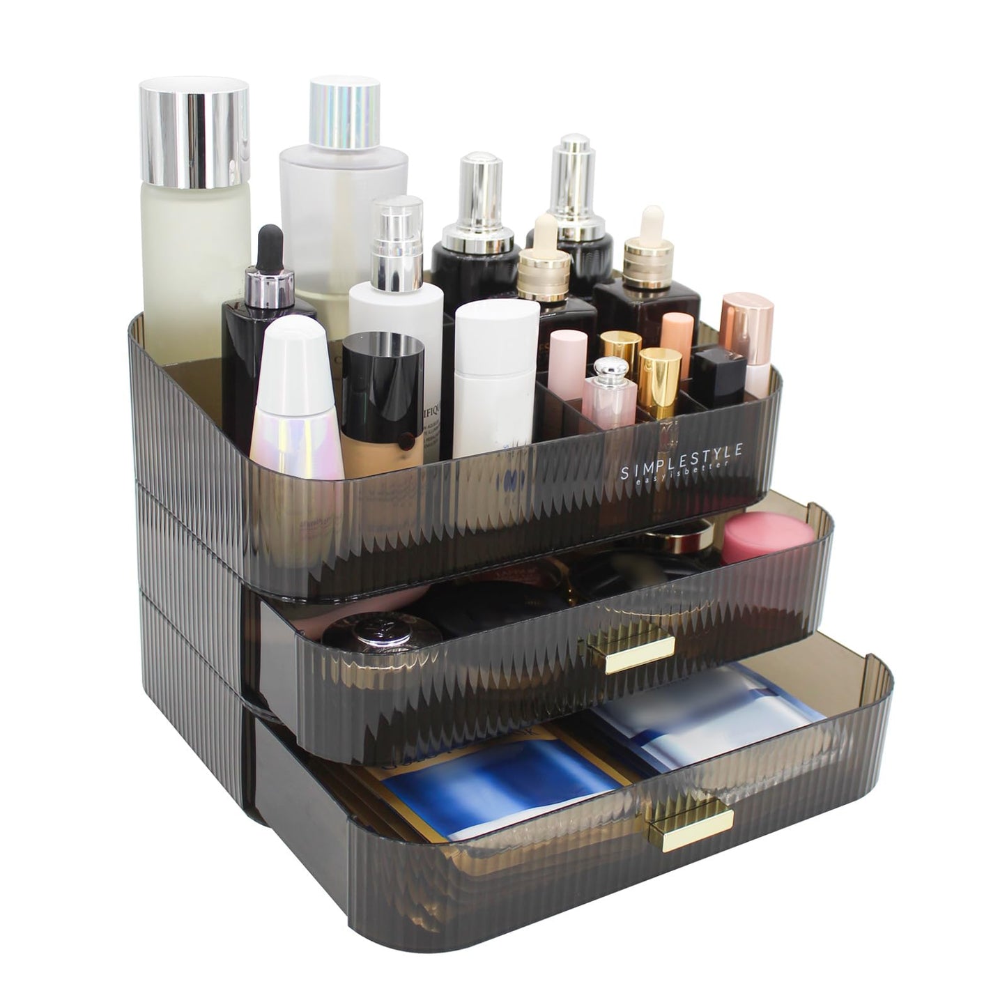 Makeup Organizer with 2 Drawers, Cosmetics Organizer for Bedroom and Bathroom Vanity Countertops, Large Capacity Cosmetic Storage Box for Skincare Cream Perfume Lipstick Dresser Counter-Black