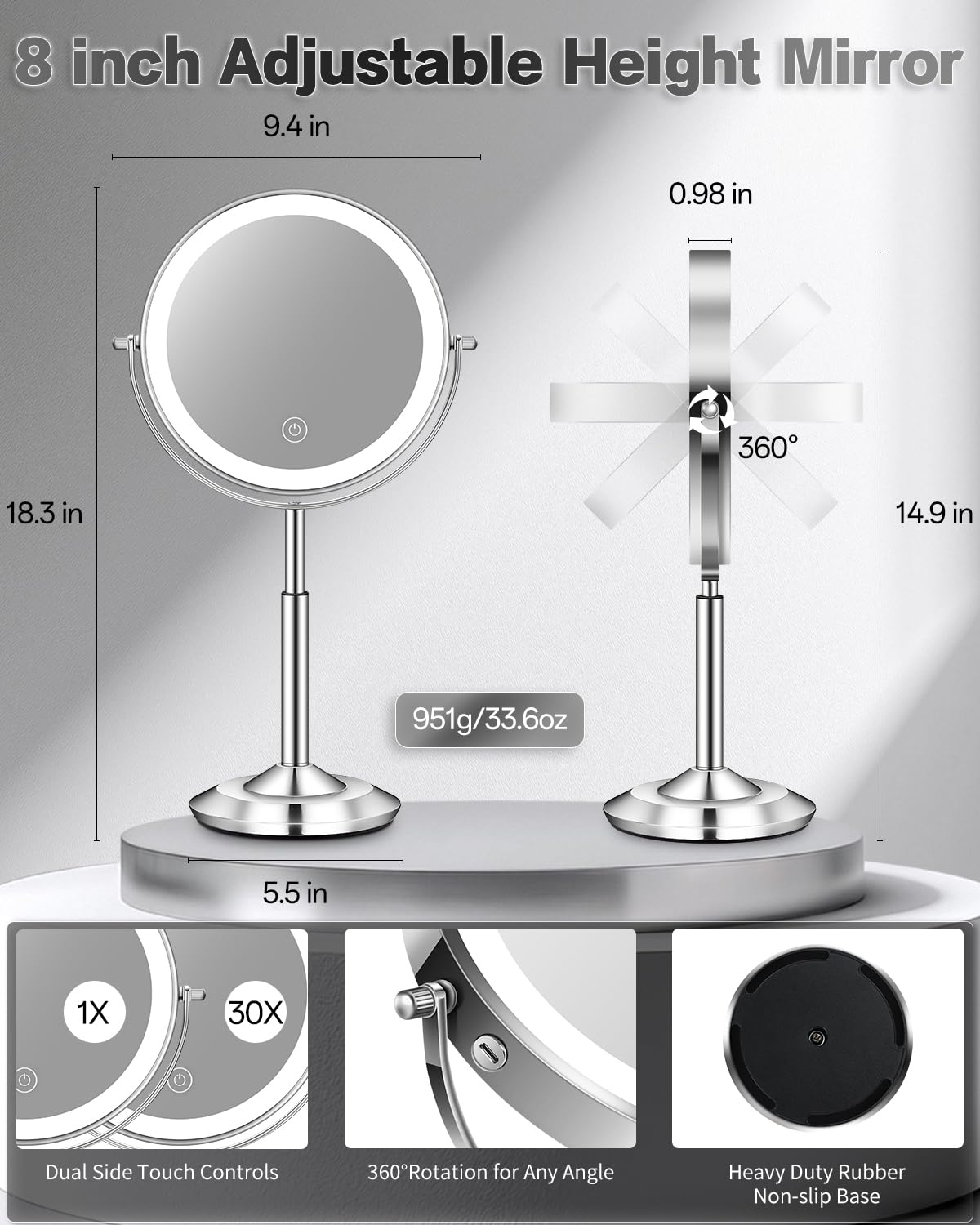 VFD 30X/1X Makeup Mirror with Lights, Height Adjustable Lighted Magnifying Vanity Mirror with 3 Lighting and Adjustable Brightness, 3000mAh Rechargeable Double Sided Switch