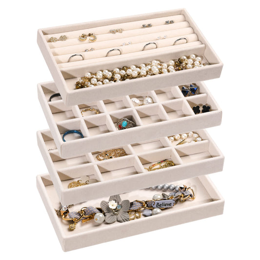 Frebeauty Jewelry Organizer Tray,Stackable Velvet Jewelry Trays,Drawer Inserts Earring Organizer For Women Jewelry Storage Display Case for Rings Stud Necklaces,Set of 4(Beige)