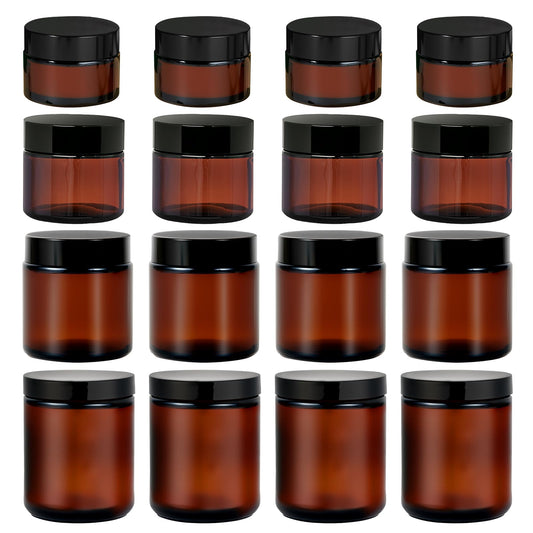Amber Glass Jars with Lids, Hoa Kinh Total 16Pack 8oz 4oz, 2oz and 1oz Glass Jars with Lids Empty Cosmetic Containers Round Airtight Glass Jar with Inner Liners and Lid for Storing Lotions, Powders