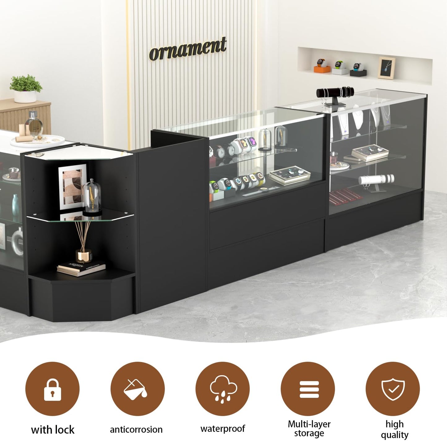 HUZJIEHUI 48" W x 18" D x 38" H - Black Retail Display Case, Glass Display Case with Storage，Illuminated Full Vision Display Showcase for Store