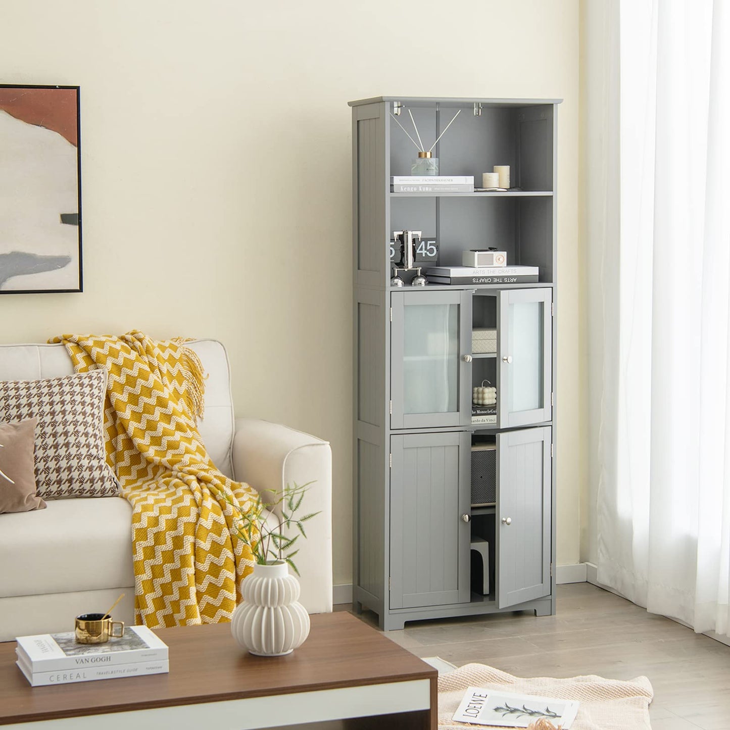 Tangkula Tall Bathroom Storage Cabinet, Freestanding Floor Cabinet w/2 Glass Doors & 2 Open Shelves, 3-Position Adjustable Shelves, Anti-toppling Design, 64” Tall Pantry Cupboard for Kitchen